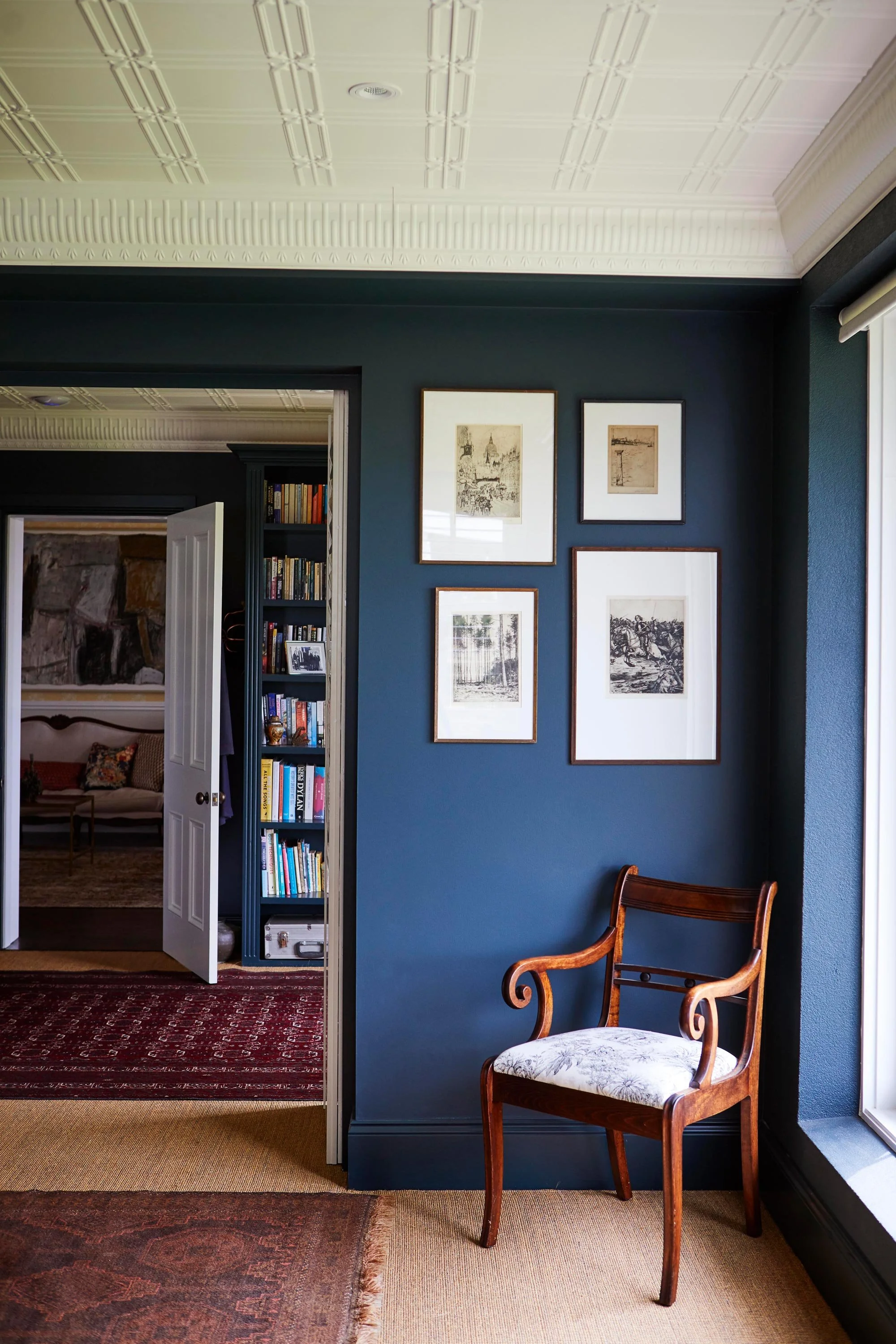 Blue study renovation Sutton Forest Estate - pressed metal ceiling ZF Architects