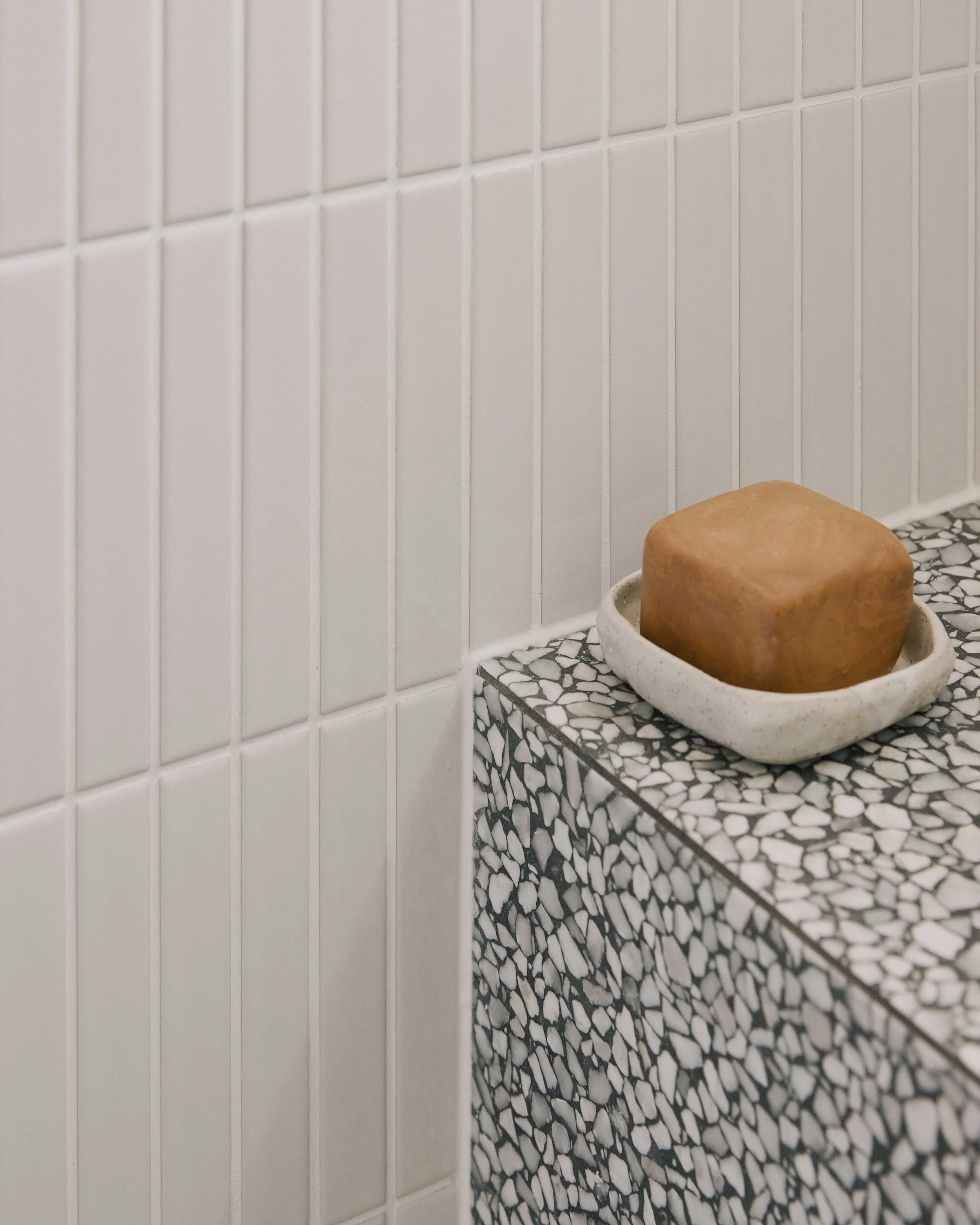 Terrazzo soap dish Berrima bathroom - mitred edge detail renovation ZF Architects
