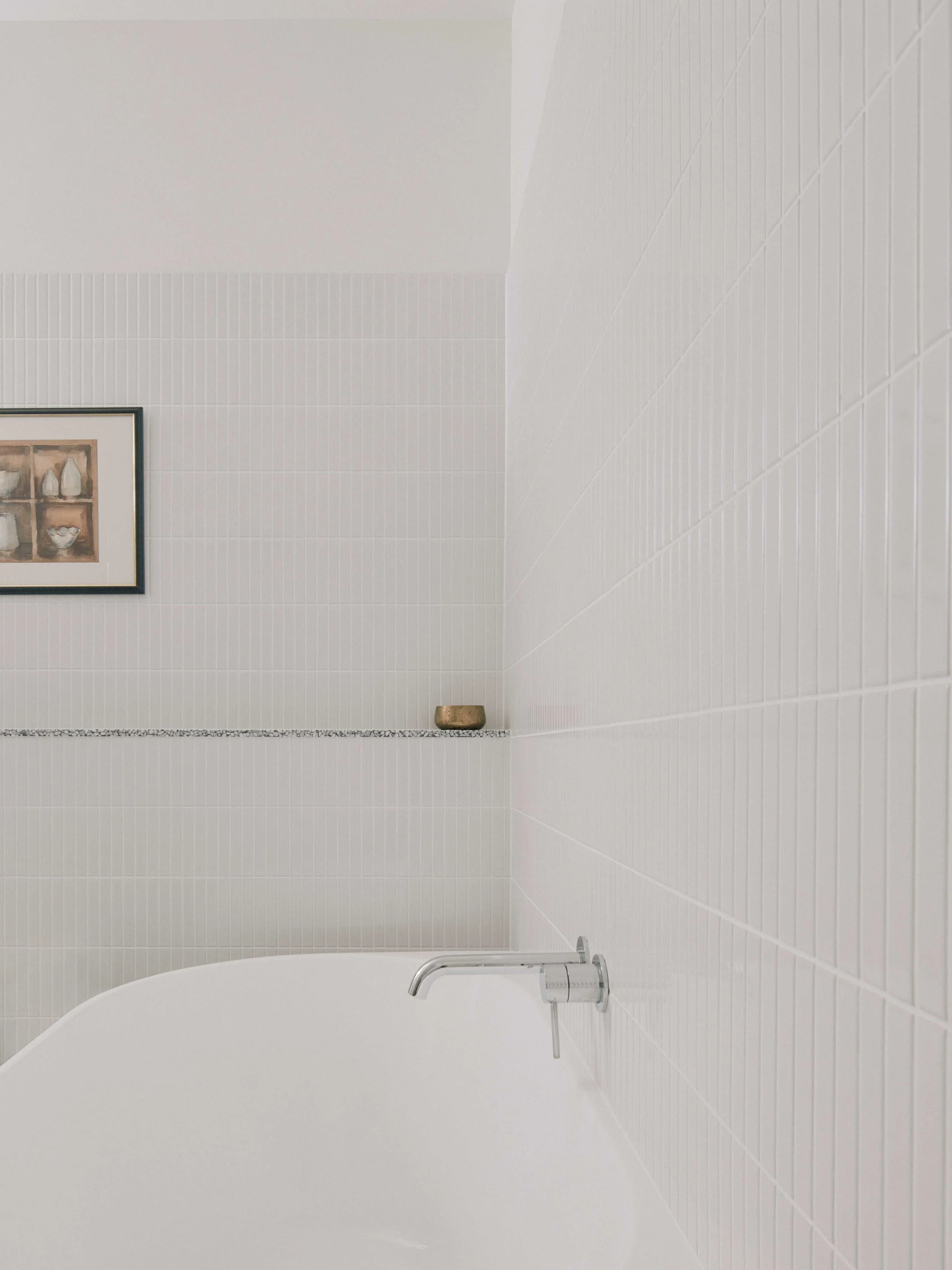 Bathroom with terrazzo shelf Berrima renovation - custom bath storage ZF Architects