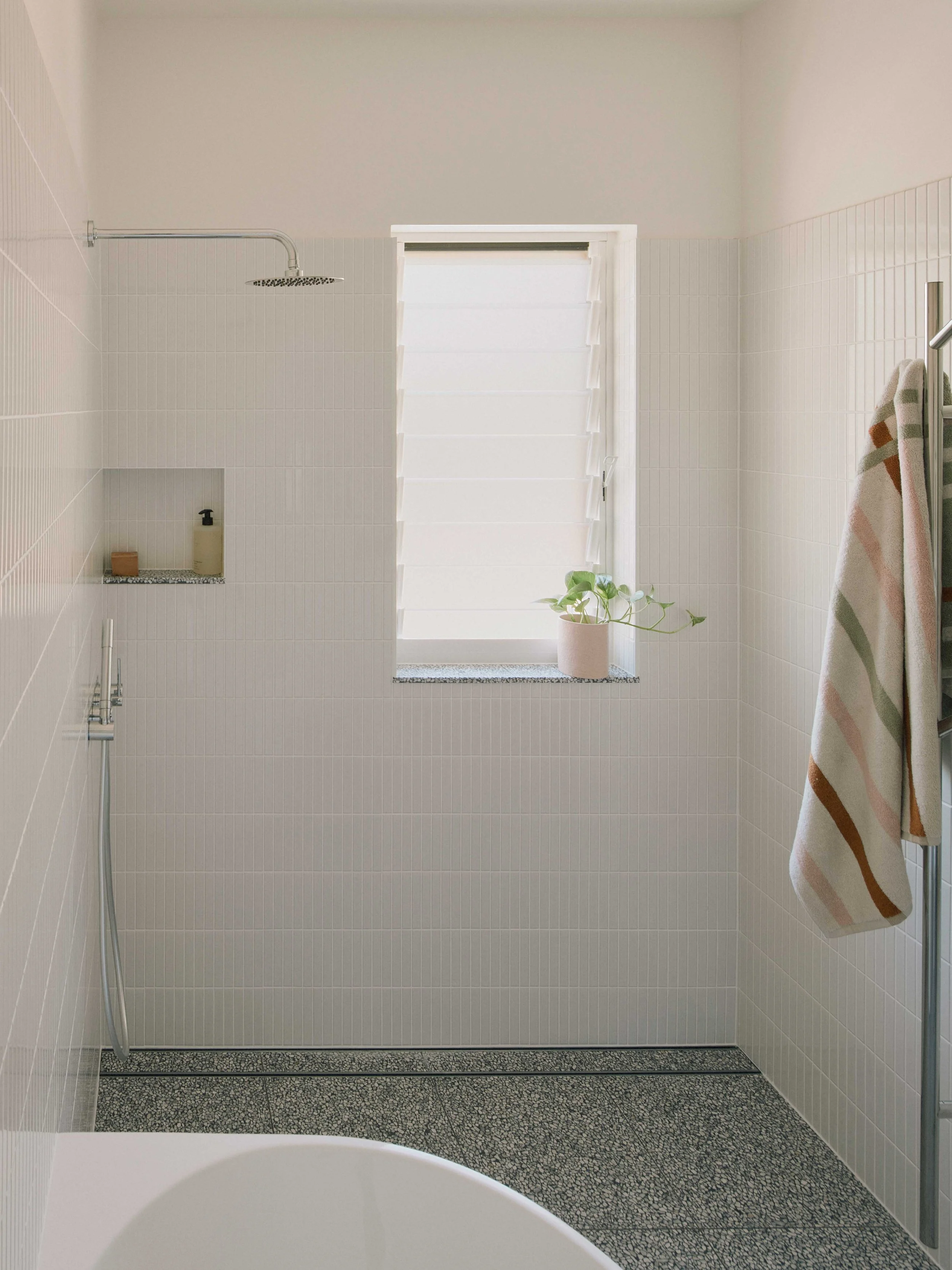 Shower terrazzo niche Berrima bathroom - louvre window natural light ZF Architects renovation