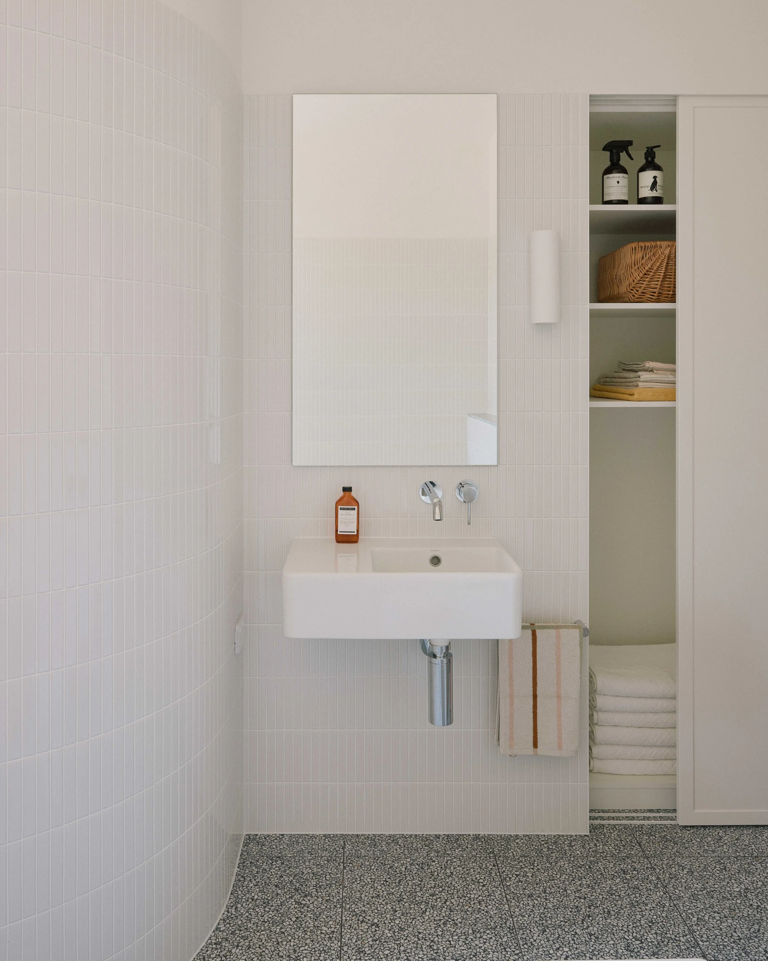 Bathroom basin laundry storage Berrima - integrated design renovation ZF Architects