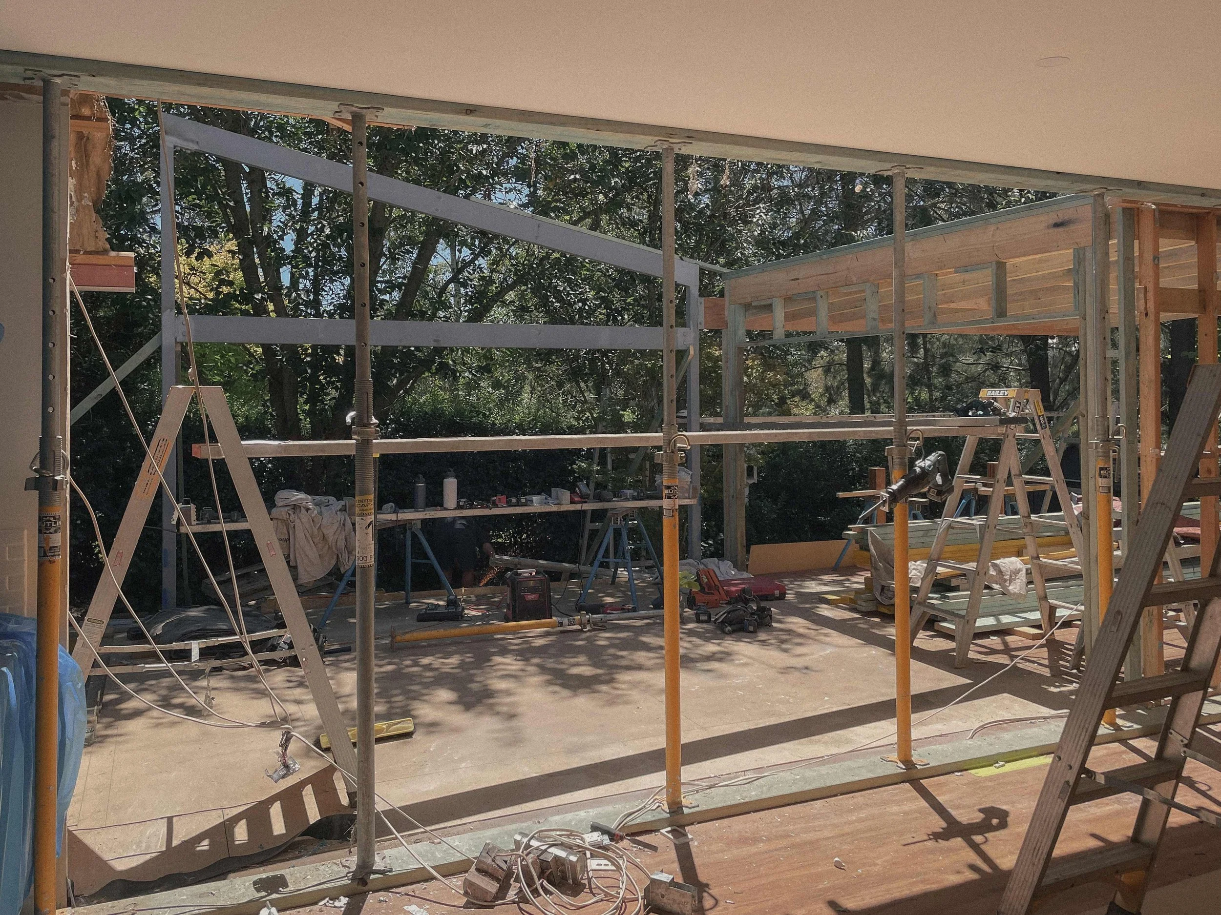 Living room extension progress Bowral - dining garden view construction ZF Architects