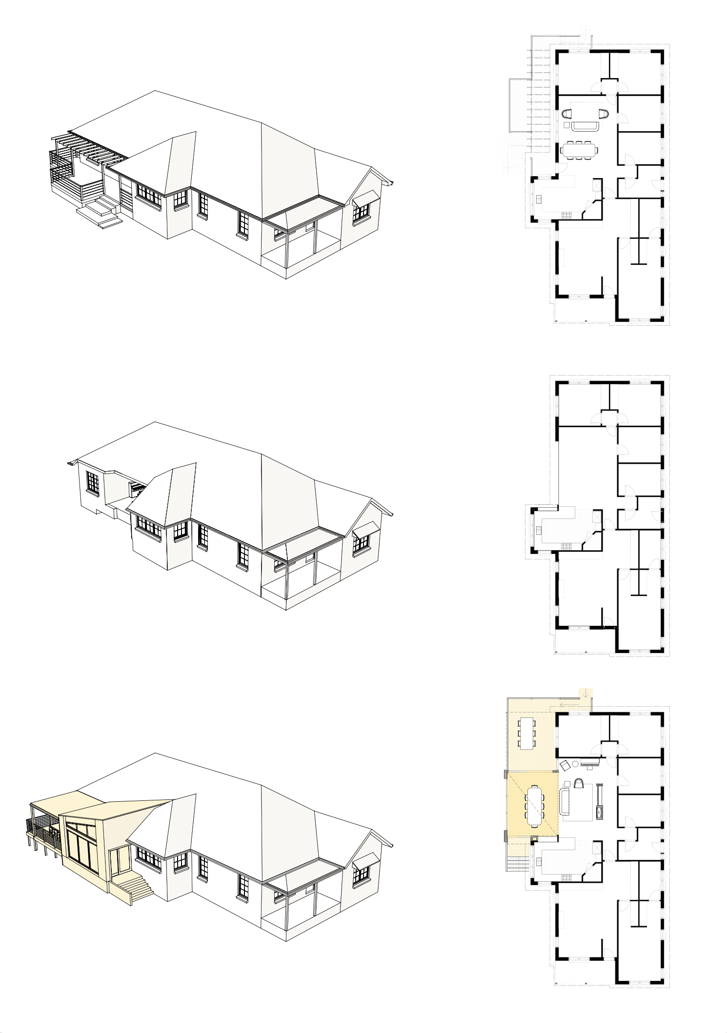Bowral Garden Room renovation plans - before after floor plan axonometric ZF Architects