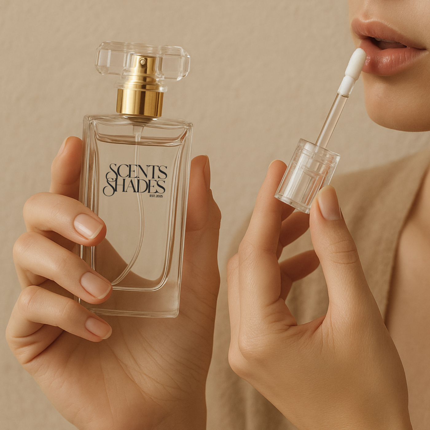 Person holding a perfume bottle labeled 'Scents Shades' in one hand and applying perfume with a rollerball applicator in the other hand.