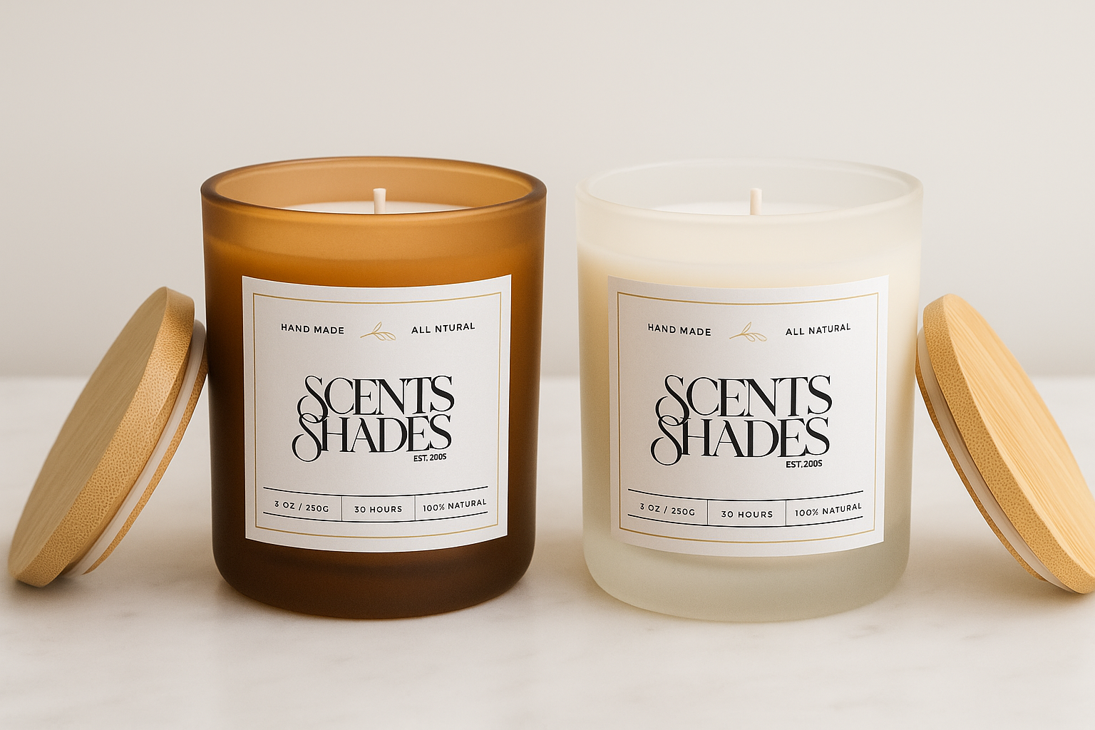 Two candles, one brown and one white, with wooden lids removed and placed to their sides. The candles are labeled "Scents & Shades" and are presented as handmade, all natural, 3 oz / 250g, with 30 hours burn time, and 100% natural.