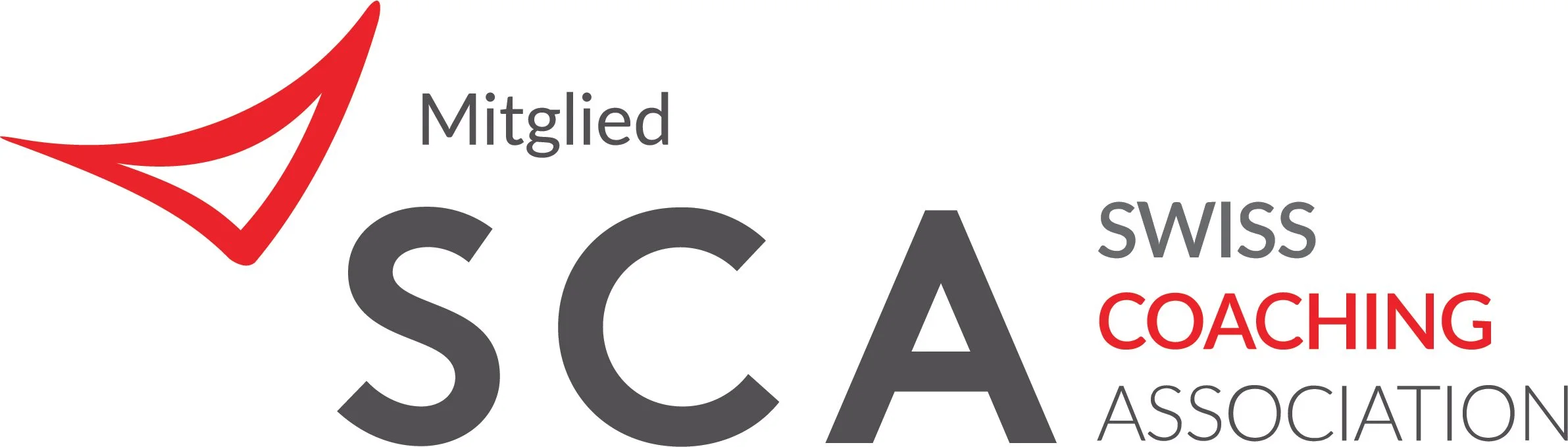 Logo der Swiss Coaching Association mit einem roten Häkchen, schwarzer und roter Schrift.