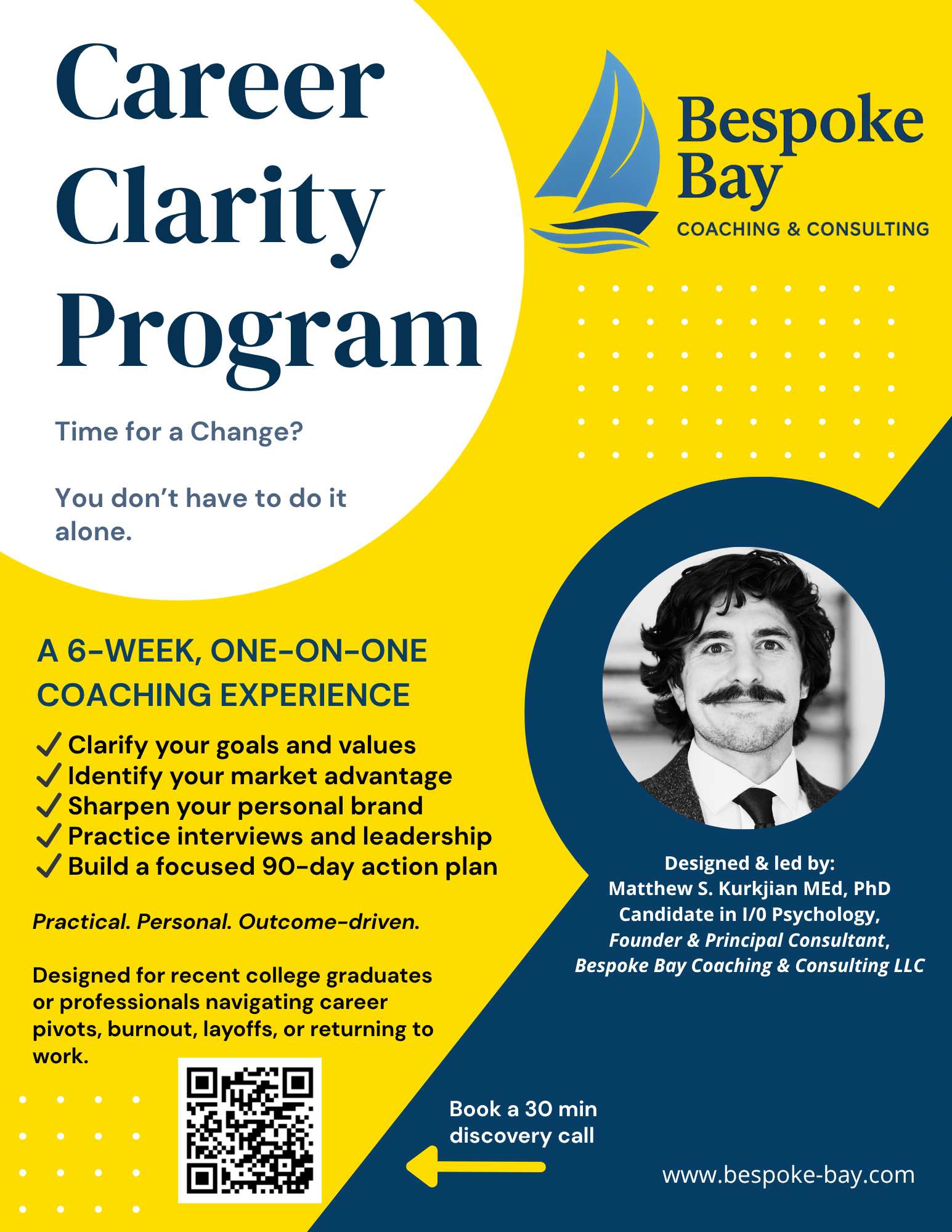 Flyer for Bespoke Bay Coaching & Consulting's Career Clarity Program, a 6-week one-on-one coaching experience for recent graduates or professionals navigating career changes, featuring goals such as clarifying goals, identifying market advantages, and building an action plan.