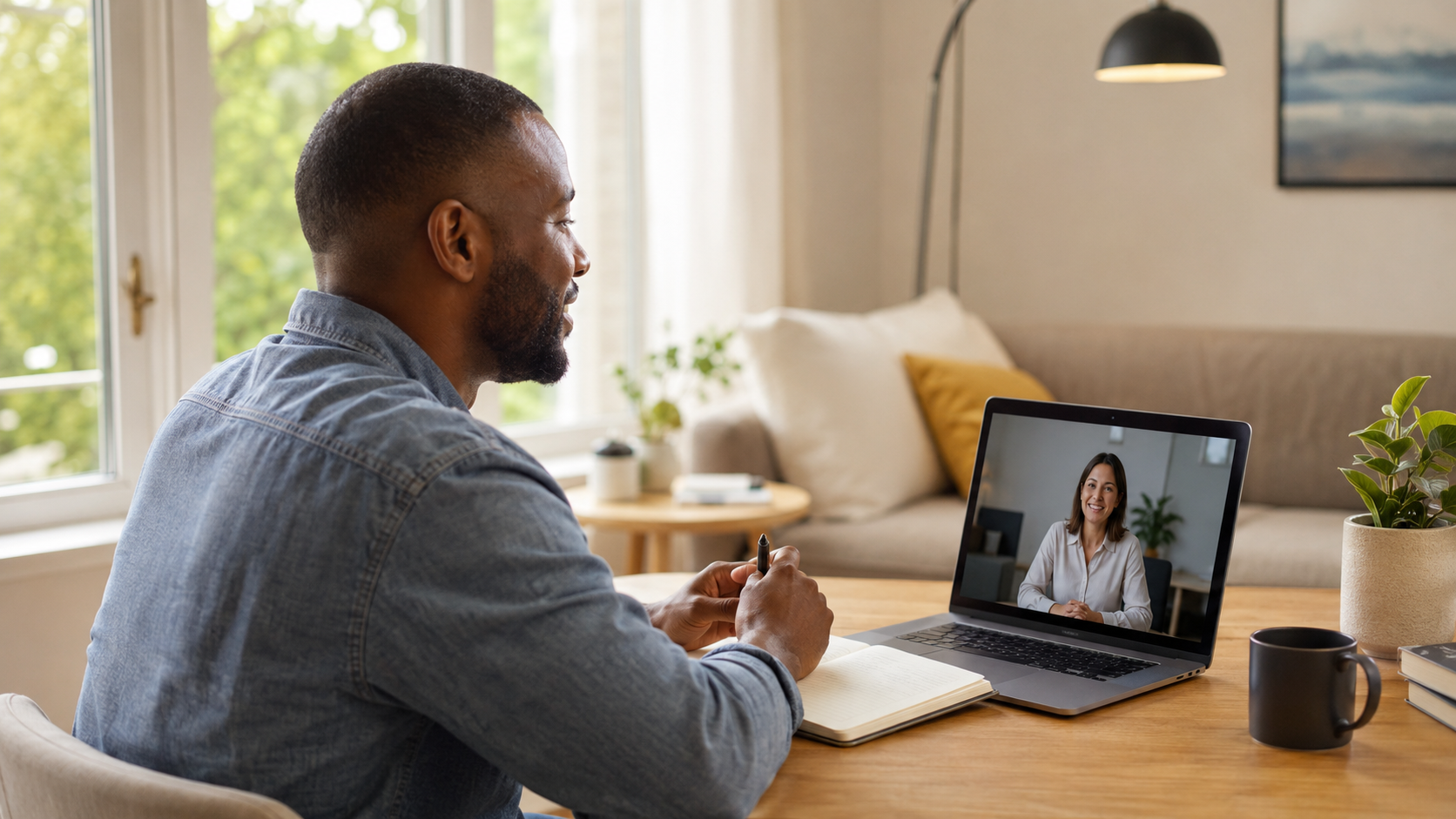 Man participating in a video call on laptop, sitting at a wooden table with a notebook, pen, coffee mug, and potted plant in a bright living room.