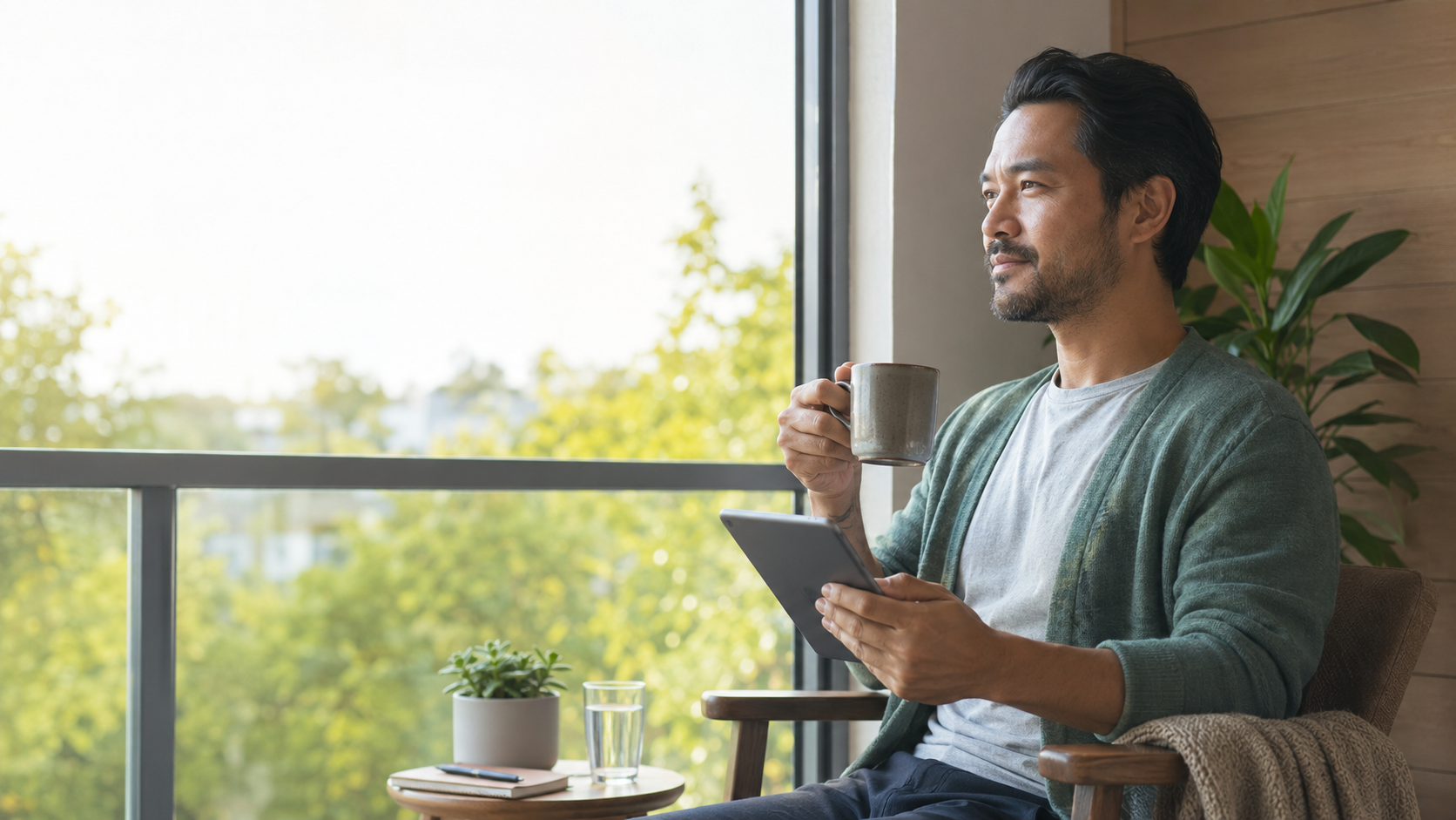 A man sitting by a window, holding a coffee mug in one hand and a tablet in the other, with a small table holding a potted plant, a glass of water, and a notebook nearby.