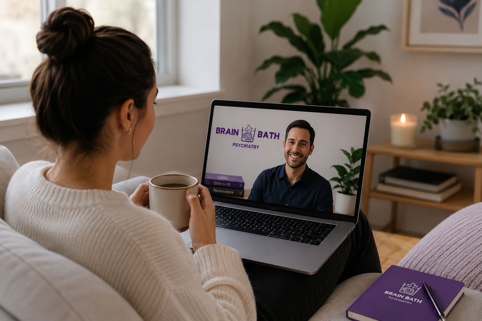 Woman watching a psychiatrist on a laptop screen during a video call, with a notebook and pen on her lap, holding a coffee cup, in a cozy living room with plants and a candle.