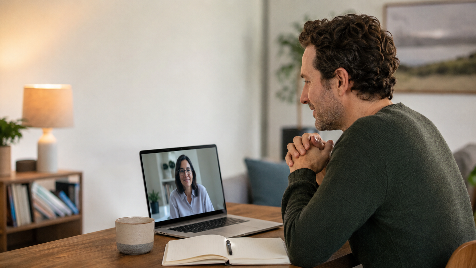 A man having a video call with a woman on his laptop at a home office. The man sits at a wooden desk, clasping his hands, with a notebook, pen, and a coffee mug in front of him. The woman on the screen appears to be indoors with books and plants in the background.