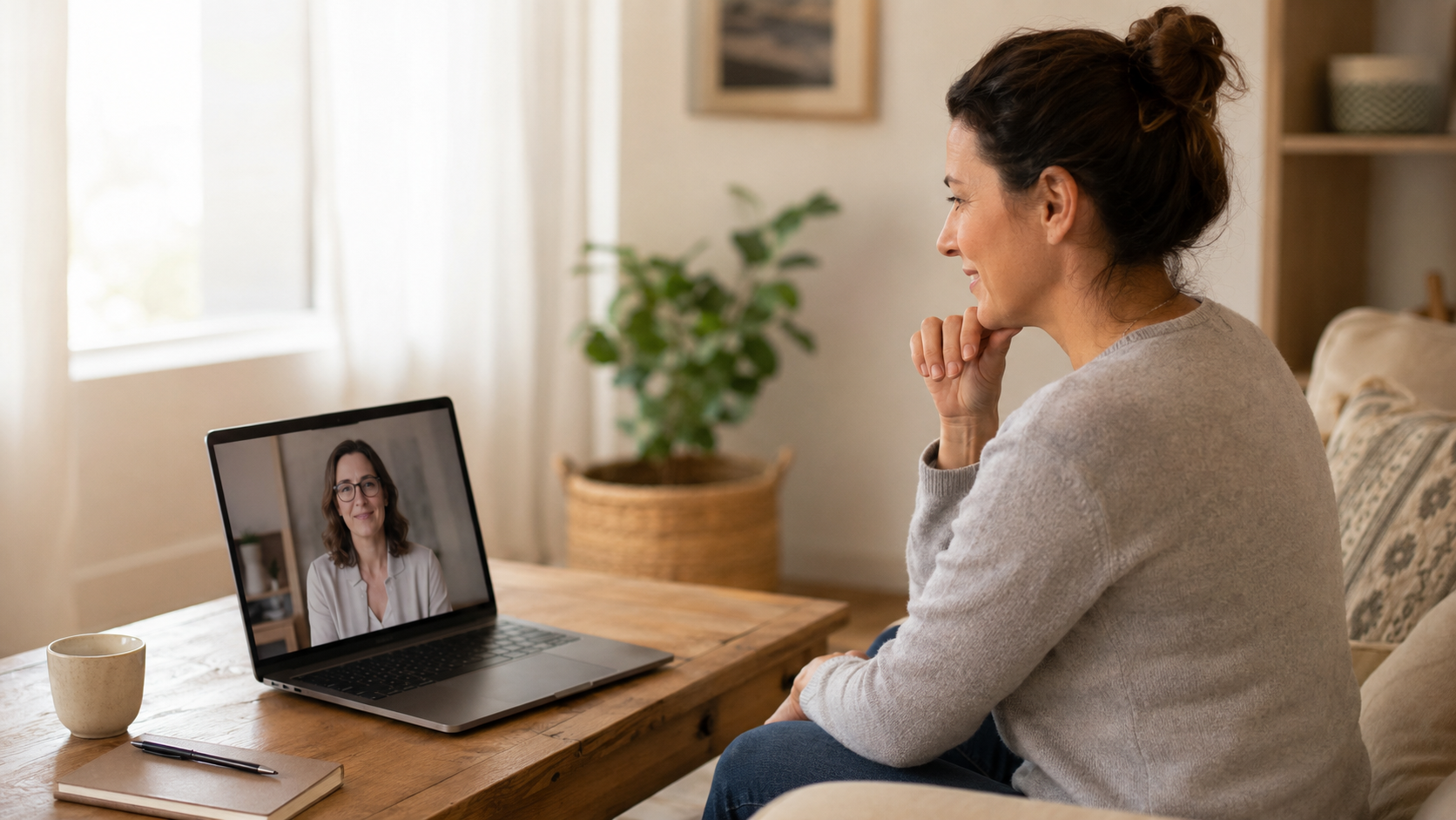 Woman in gray sweater on video call with woman on laptop screen in a cozy, well-lit living room.