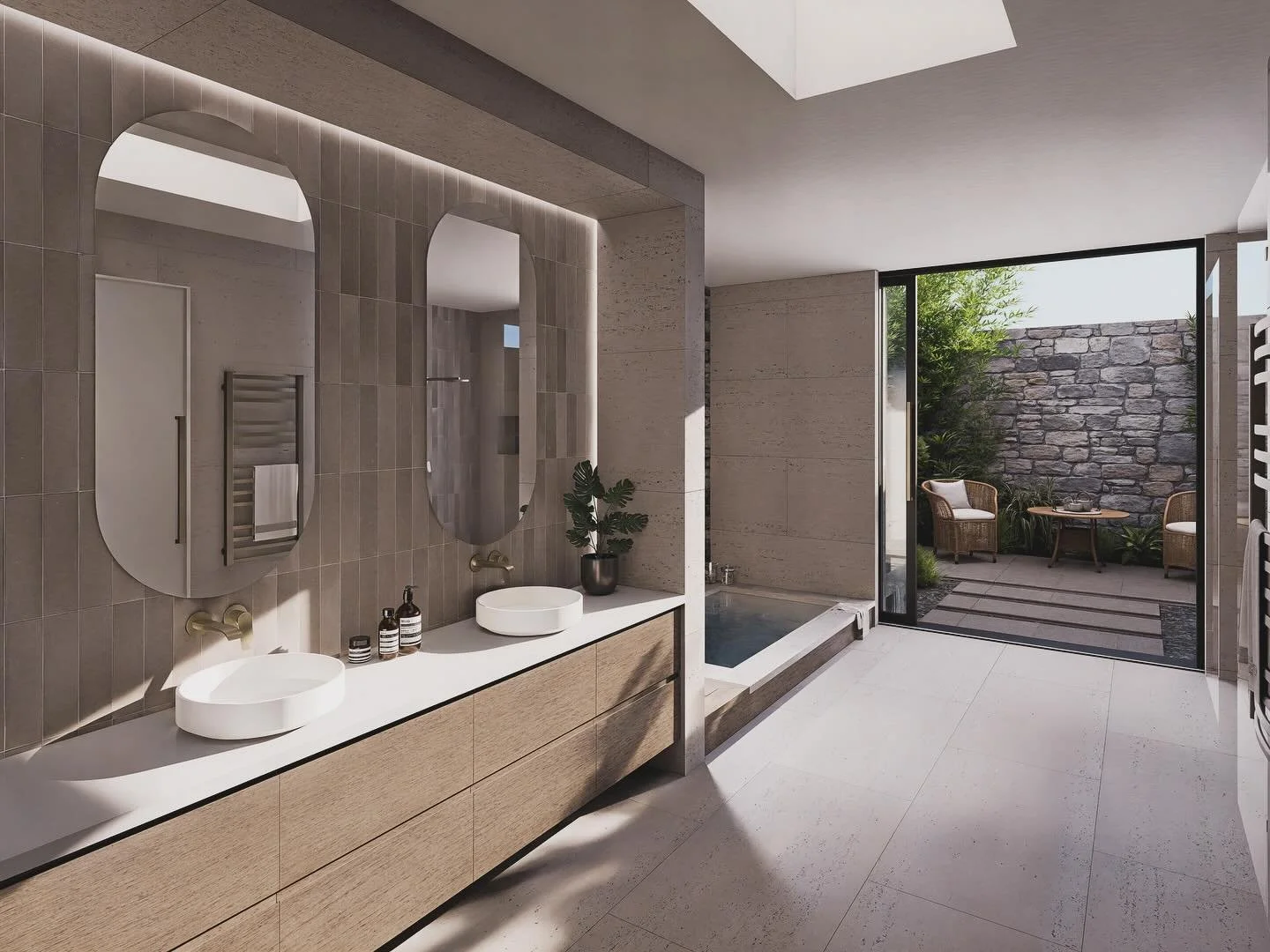 A bathroom designed for quiet moments. 
Soft finishes, natural light, and a private courtyard create a calm, spa-like space to unwind at home.

#stoneendstuido #3drender #architecturalhomes #archecturalvisualisation #architectureadelaide #residential