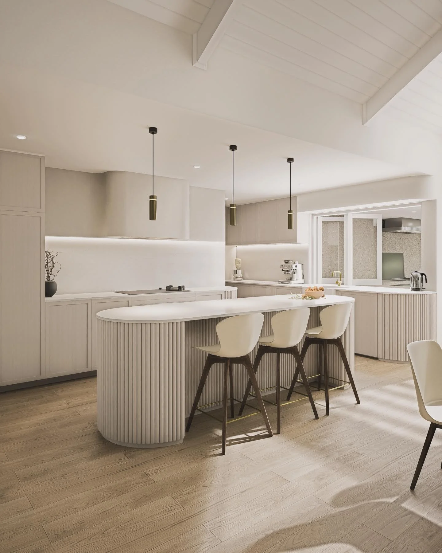 Neutral tones bring quiet warmth to a modern kitchen designed with intention. Soft curves add a gentle flow &mdash; uncluttered,

#modernkitchen #curvedrangehood#roundedislandbench #islandbench #ribbedislandbench