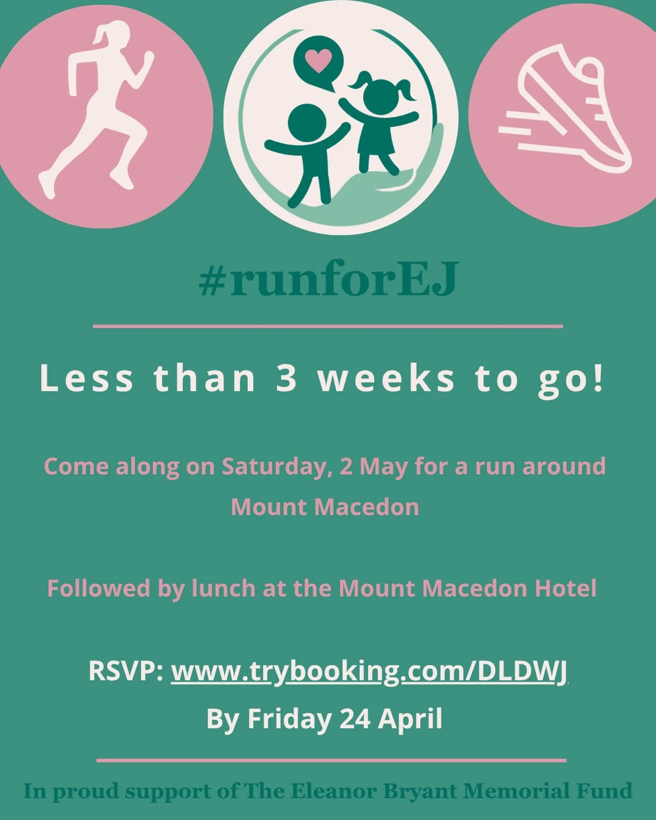 The countdown is on!

Join our wonderful community as we gather together to run around Mount Macedon in honour of our beautiful friend Eleanor for whom running was a significant part of her life.

Date: Saturday, 2 May 2026
Time: 9:30am for a 10