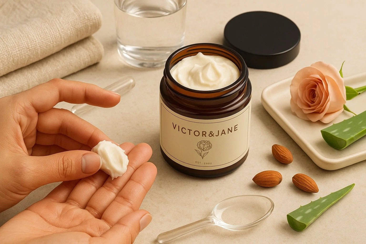 A hand holding a dollop of cream beside an open jar labeled 'Victor & Jane' on a light-colored surface. Surrounding items include a glass of water, a beige towel, almonds, a rose on a tray, aloe vera pieces, a glass spatula, and a black lid.