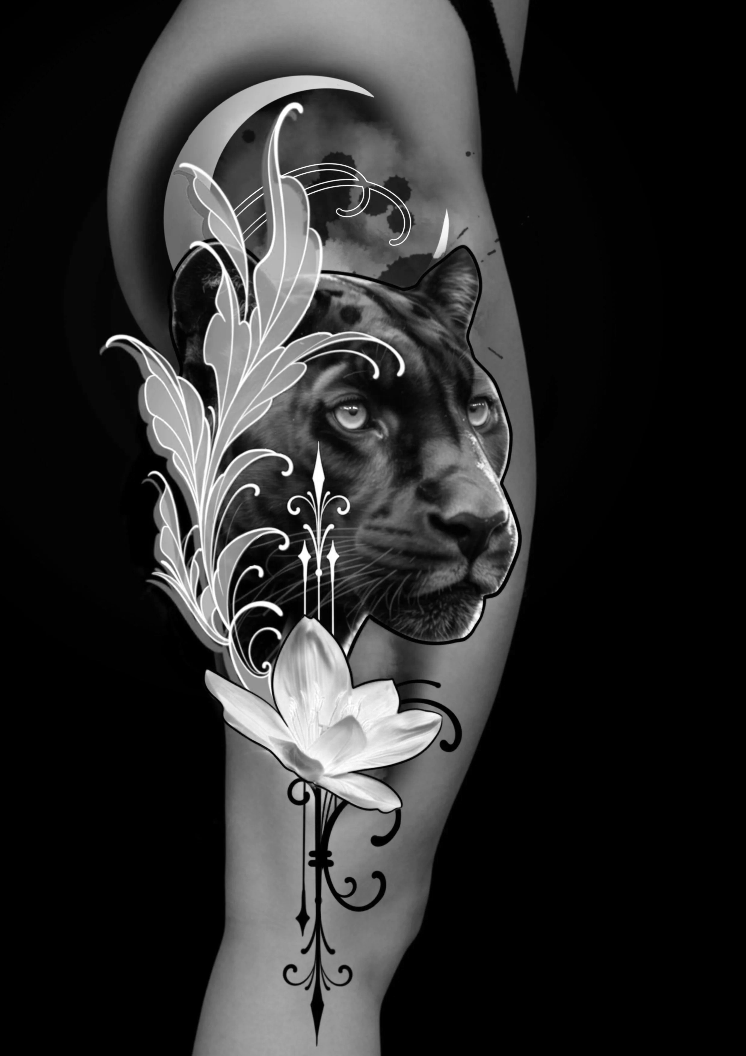 Dynamic black and grey tattoo concept by Soleya Tattoo Auckland—featuring a puma with florals and ornaments design is available in colour as well 