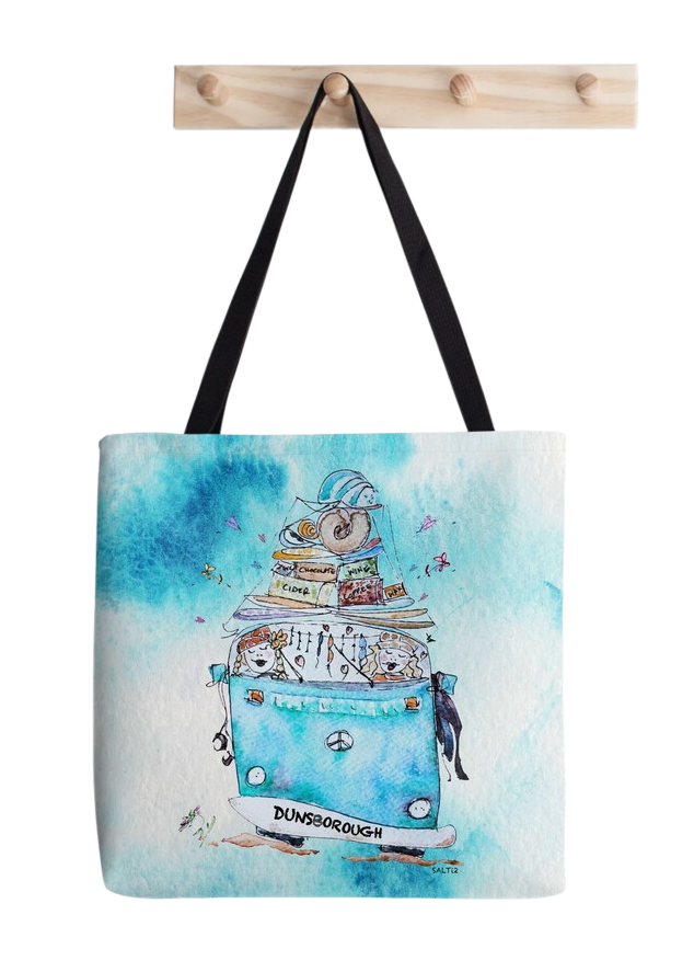 Colorful watercolor illustration of a blue Volkswagen camper van with two children inside, carrying a roofload of food and supplies on top, with a "Dunsborough" sign on the front.