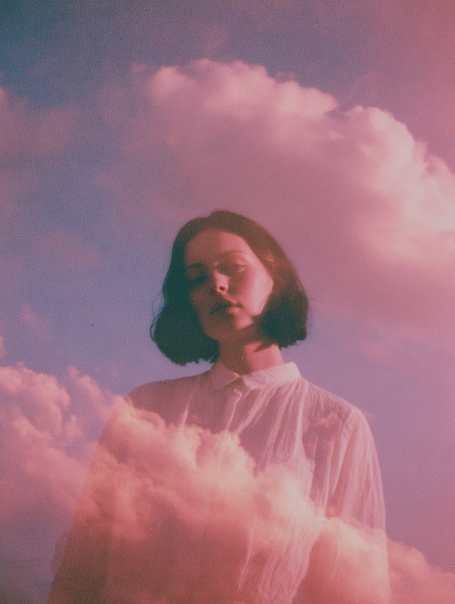 surreal image of a pink and lilac sky. with a woman in the centre dreaming in pink