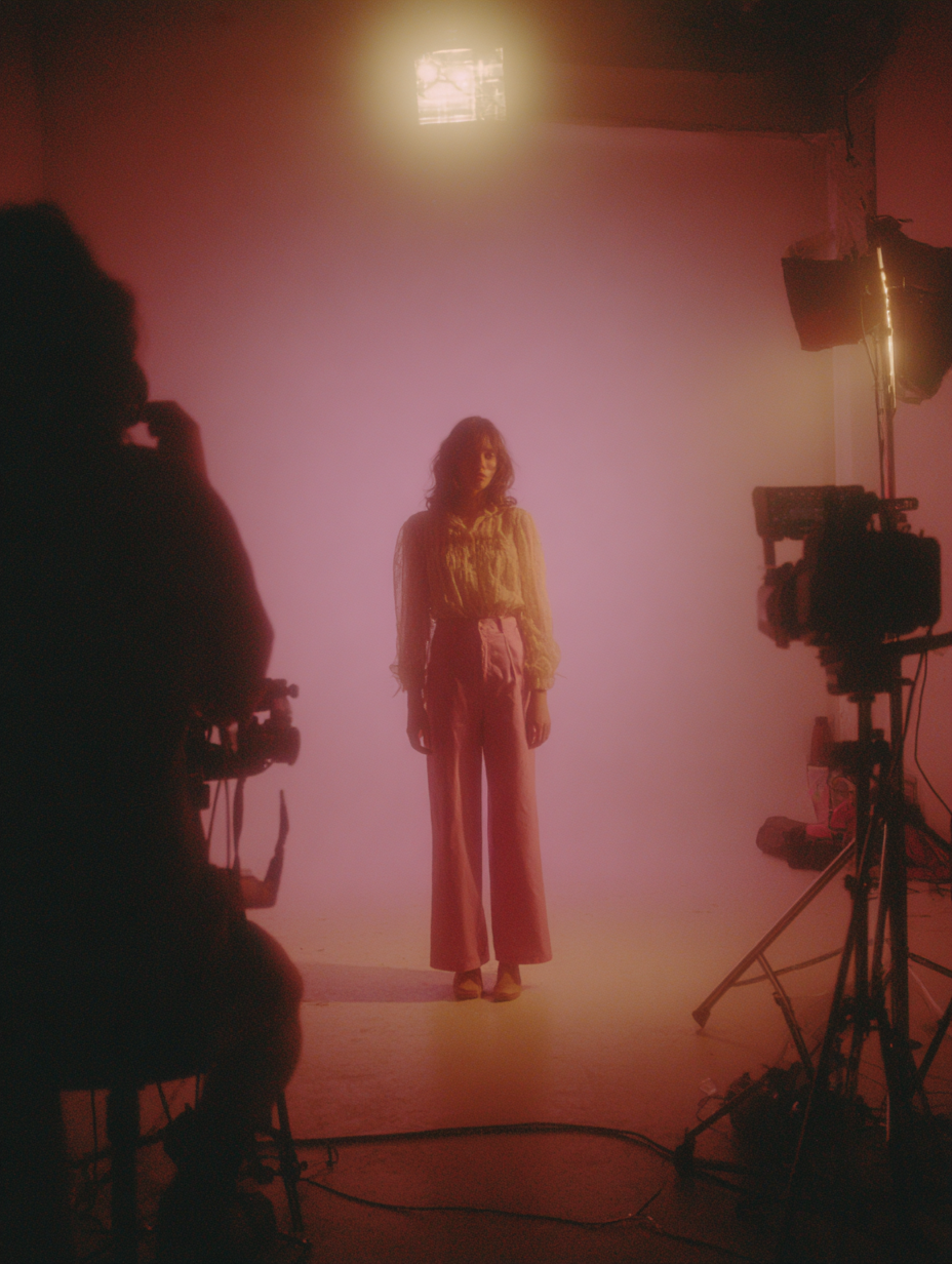 chic 1970s muse in soft amber and pink bts on set of a fashion set