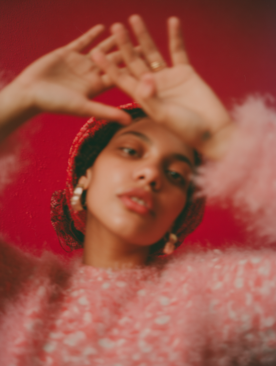 beautiful woman in pink and red with hands above head slightly blurry in motion