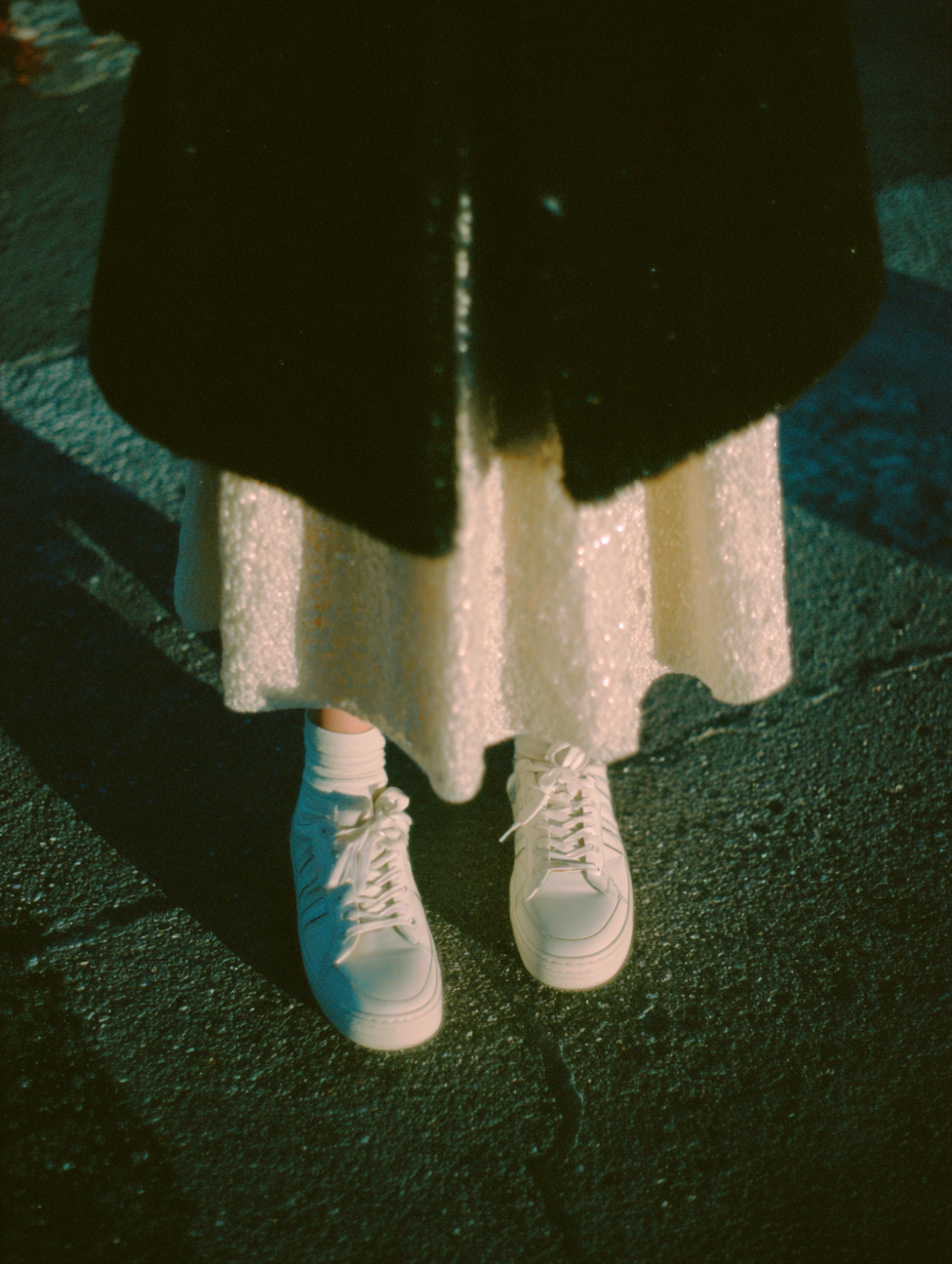 chic sneakers long skirt and long jacket