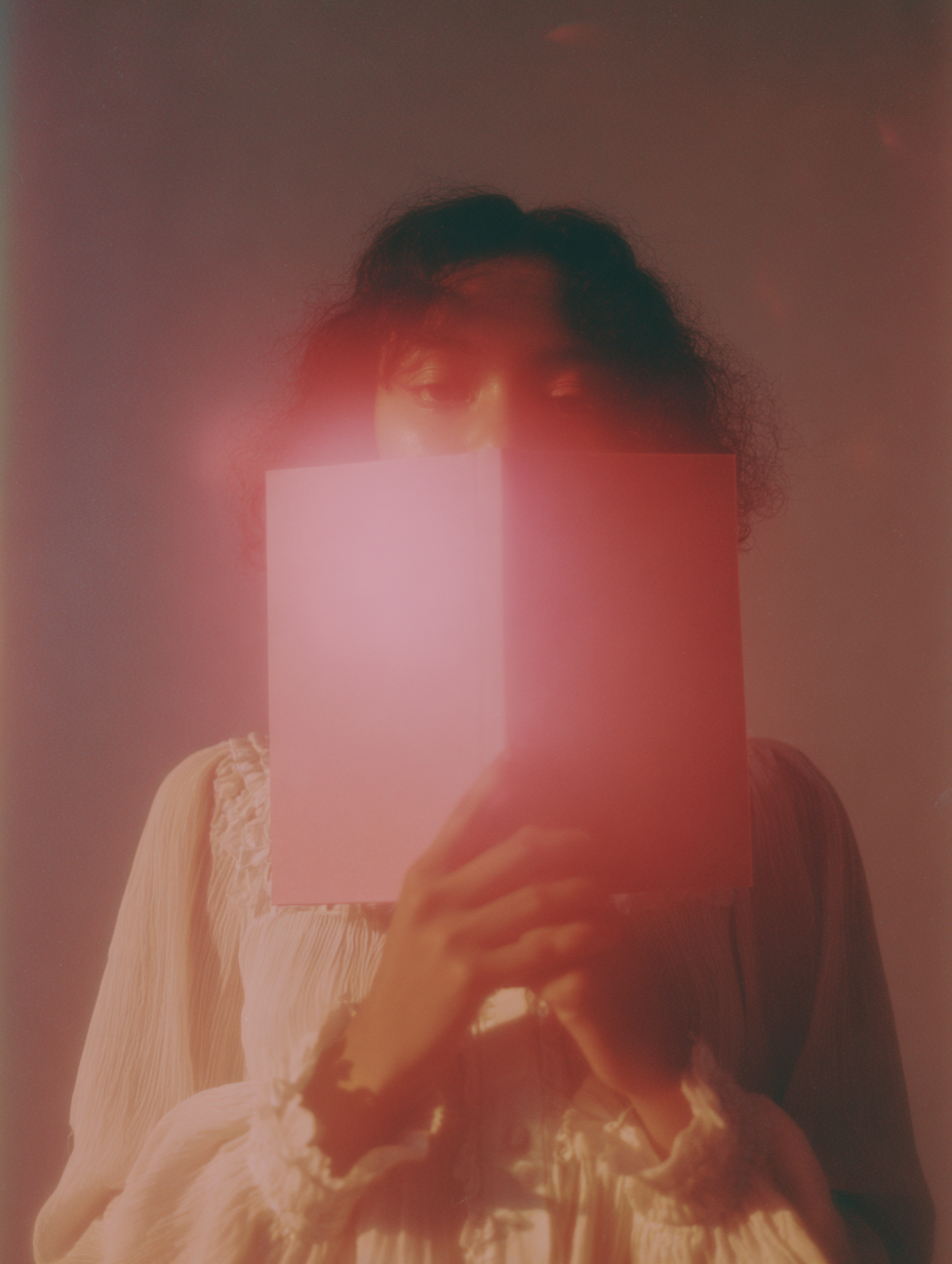 a chic woman with a mystical pink book in front of her face - knowledge