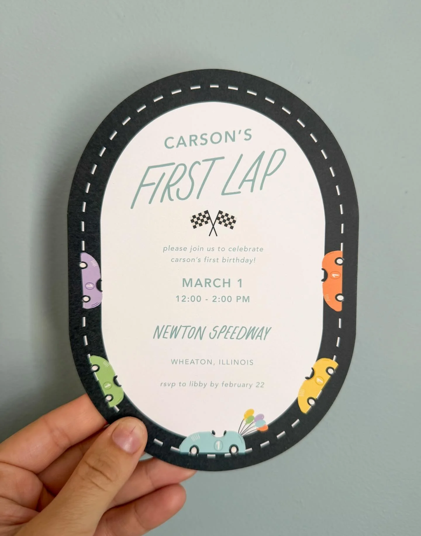 The first year really speeds by 🏁🏎️ 

This custom invitation is one of our all time faves with hand illustrated cars and die cut racetrack!