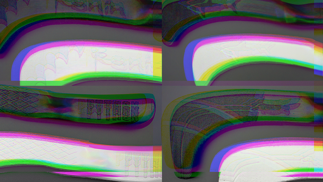 The image shows a colorful, distorted, and glitched close-up of a fork with patterned handle and a curved object, possibly a spoon, with rainbow-like hues and digital noise effects.