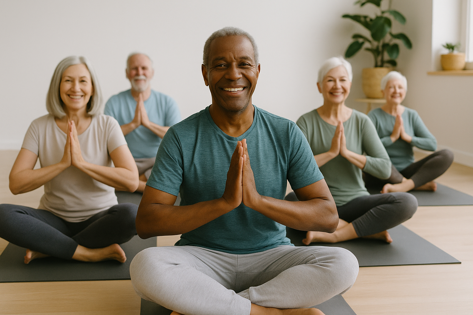 Group of five diverse seniors practicing yoga in a bright room, sitting cross-legged with hands in prayer position, smiling.