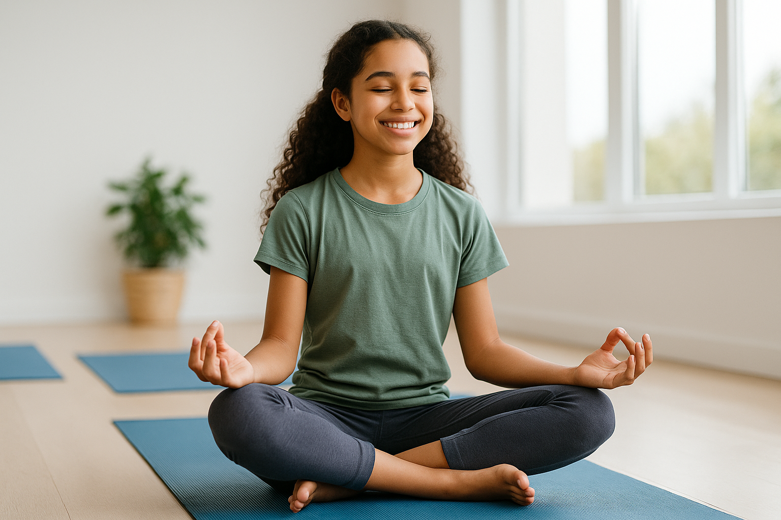 A young girl practicing meditation and yoga in a bright indoor space, sitting cross-legged on a blue yoga mat with a peaceful expression, wearing a green t-shirt and dark leggings.