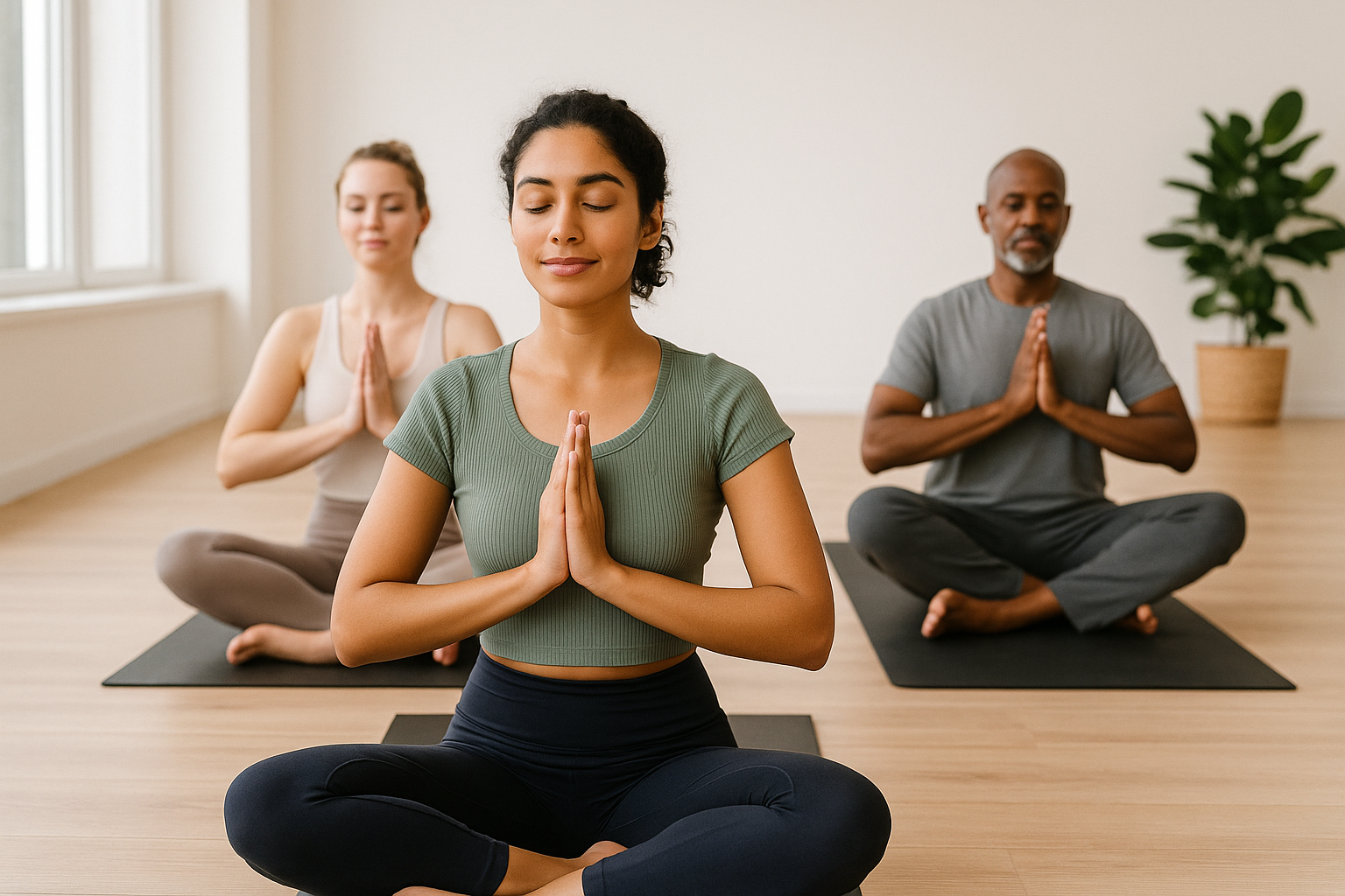 Three people practicing yoga and meditation in a bright room, sitting cross-legged with hands in prayer position and eyes closed.