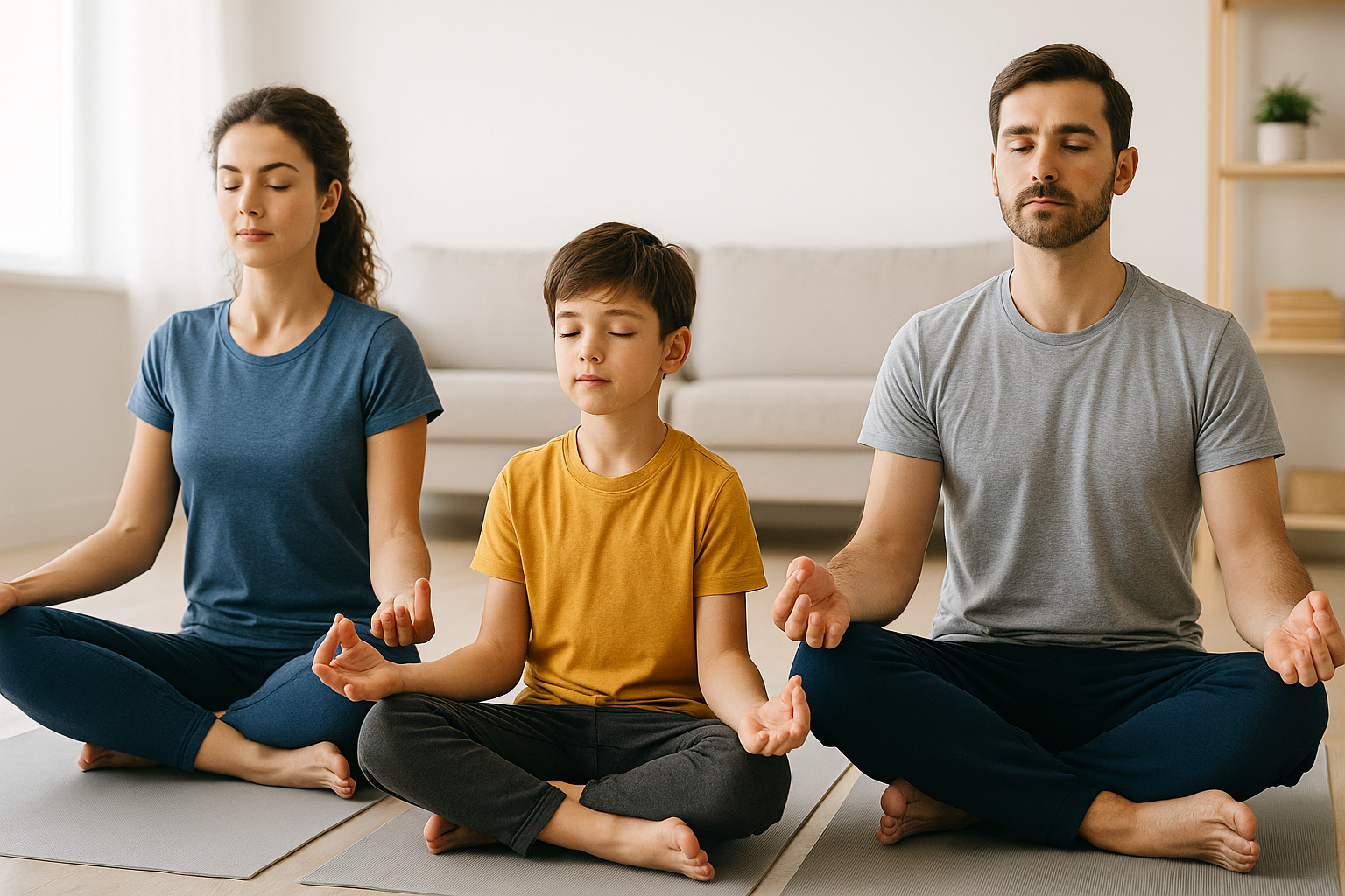 A family practicing meditation together in a bright living room, sitting cross-legged on yoga mats with closed eyes.