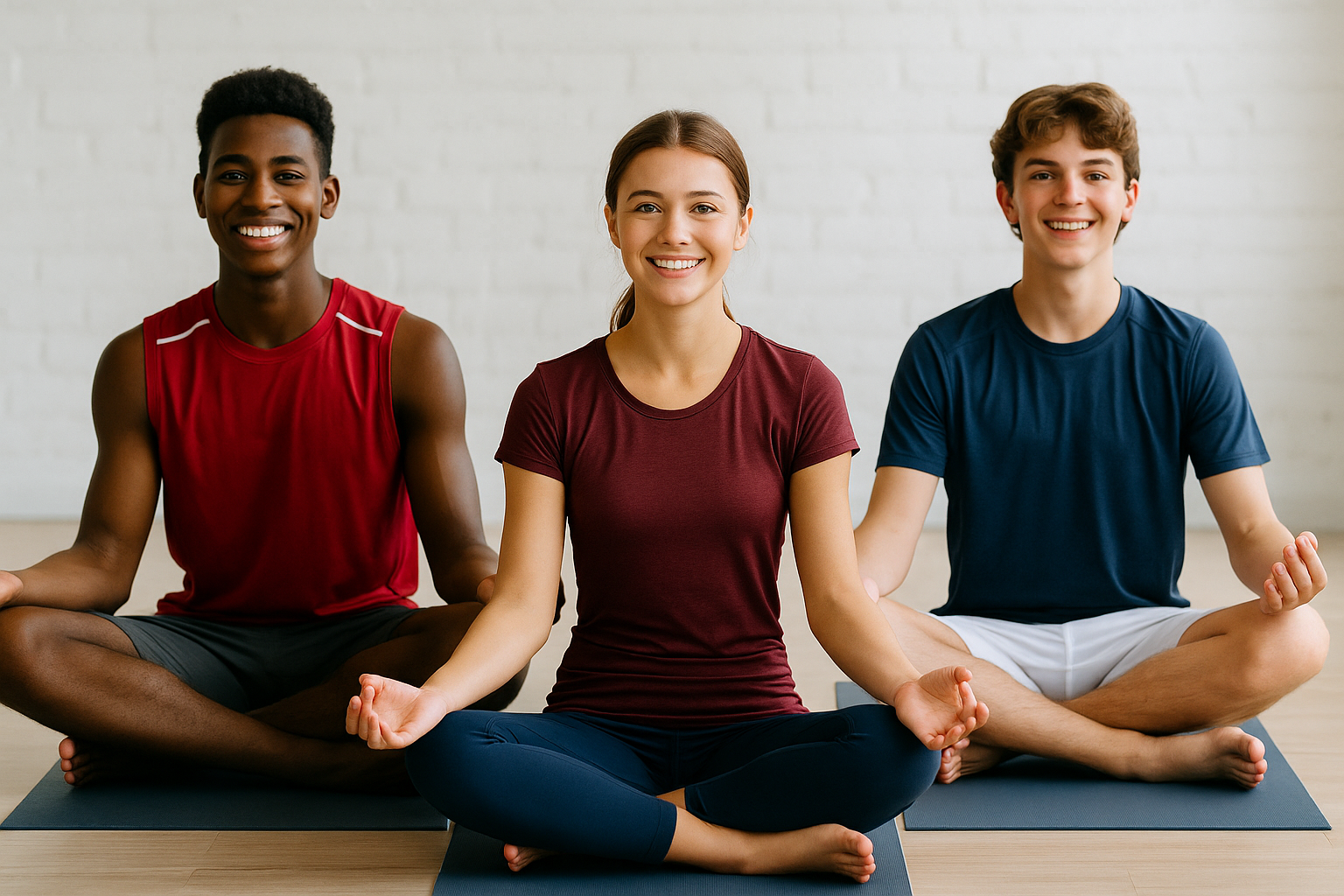 Three young adults practicing yoga and meditation indoors, sitting cross-legged on mats, smiling, and making a gesture with their hands.
