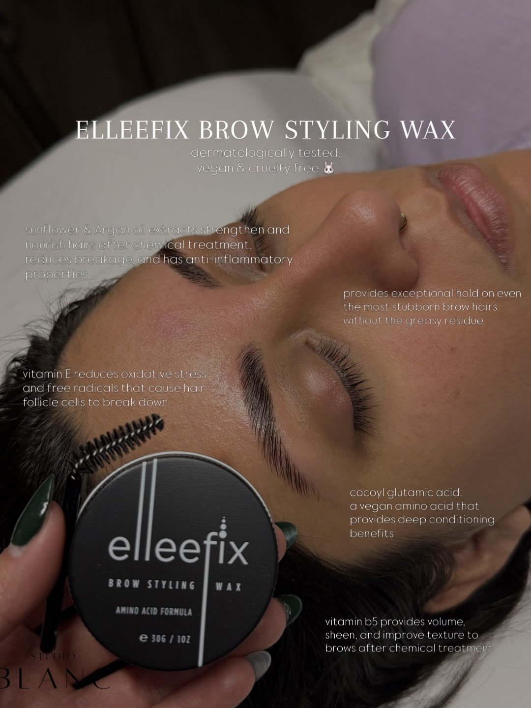 ELLEEFIX BROW STYLING WAX @elleebana 
one of the 2 brow styling products I use to keep your brows held in place 😍

all of the products we use are intentionally chosen to ensure your results are not only beautiful but healthy, hydrated, and nourished