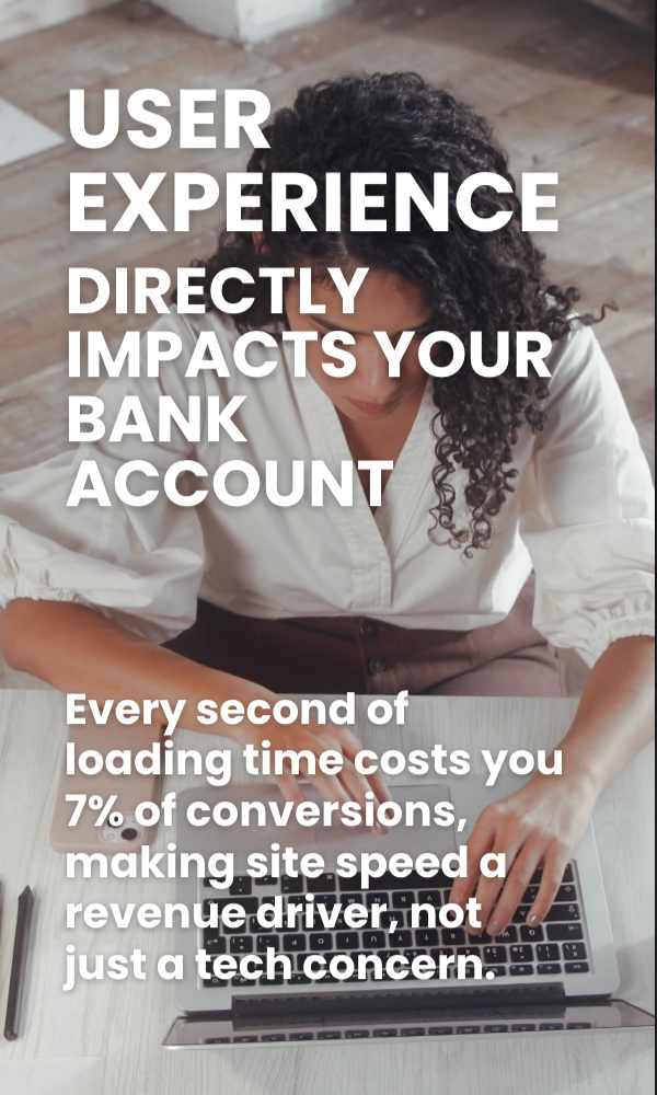 Woman working on a laptop with overlaid text about user experience and site speed impact on banking conversions.