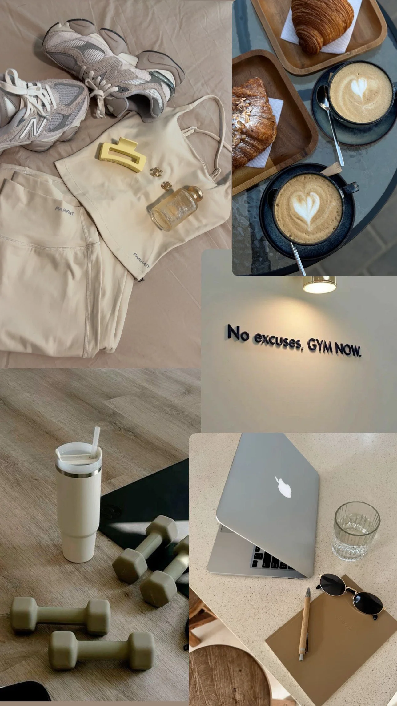 Flat lay of workout essentials including sneakers, athletic clothing, a water bottle, dumbbells, coffee with heart-shaped latte art, croissants, and breakfast dishes, alongside a workspace with a laptop, sunglasses, notebook, and pen with a motivational quote on the wall.