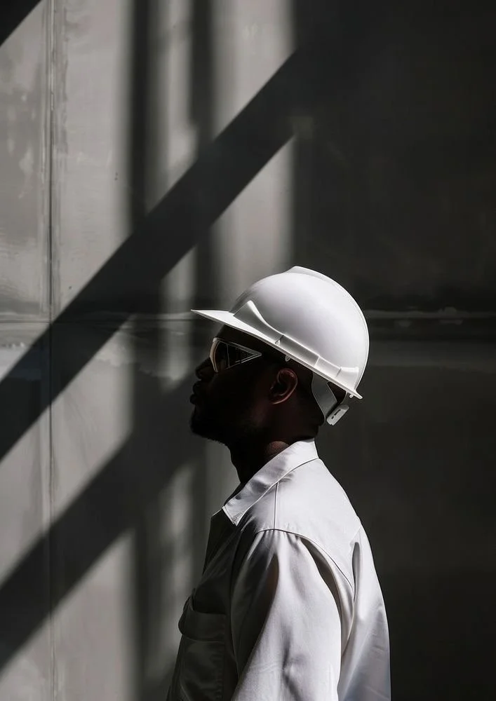 A silhouette of a man in a white shirt wearing a white safety helmet and goggles, standing in a dimly lit industrial or construction setting.