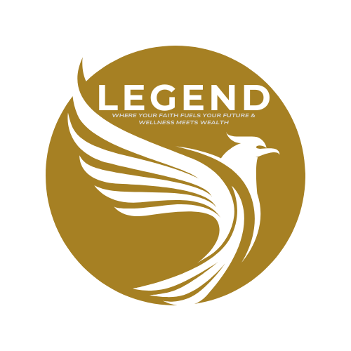 Logo with a stylized bird and the word "LEGEND" in bold white letters, with the slogan "Where your faith fuels your future & wellness meets wealth" underneath. The logo has a gold circular background and black background elements.