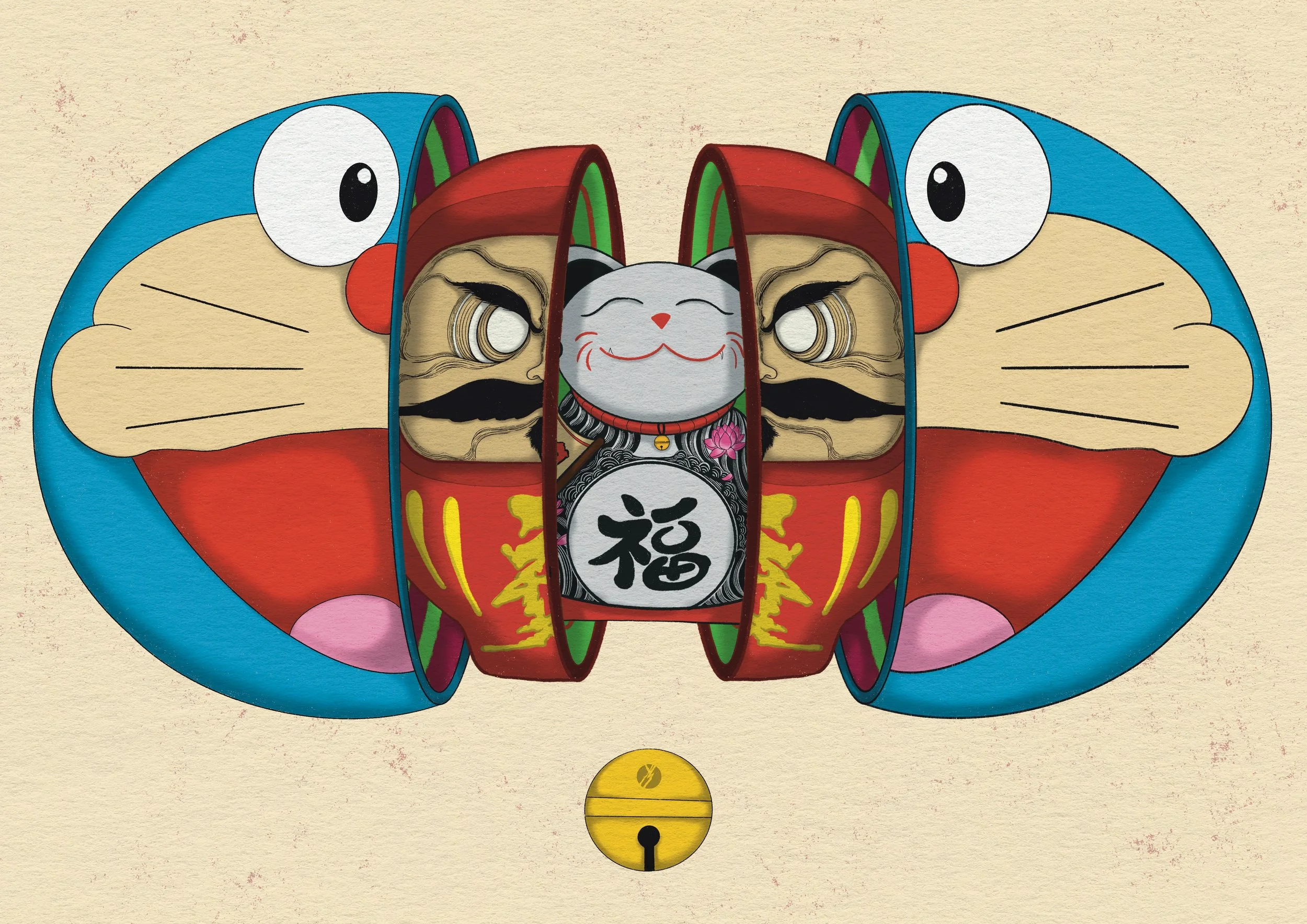 A colorful illustration of a Doraemon face, with three traditional Japanese lucky cat figurines, including a Maneki-neko, inside the face, and a gold coin below.