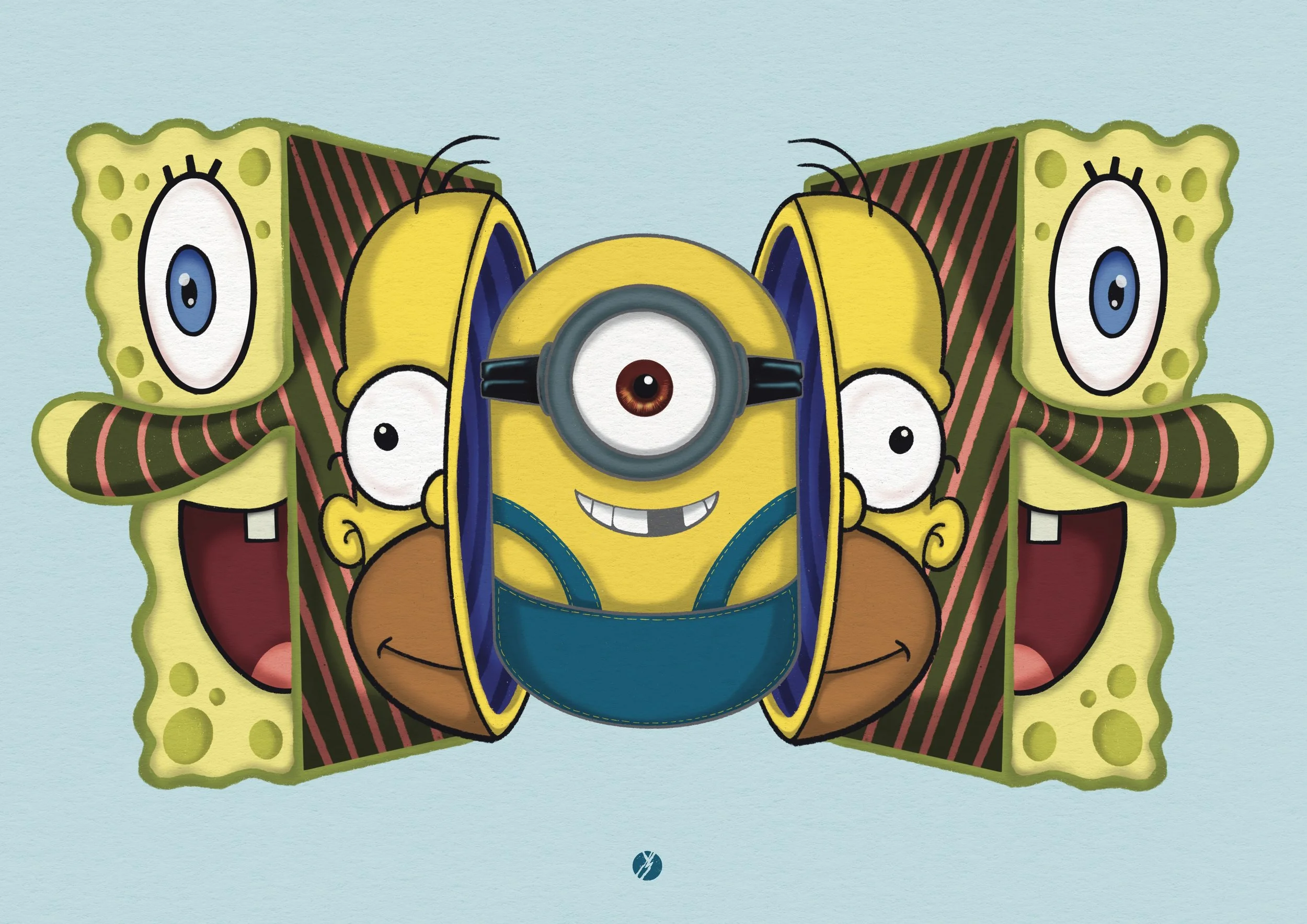 A colorful illustration featuring a hybrid of SpongeBob SquarePants and Minions with a reanimated explosion style, with SpongeBob's face in the center, wearing goggles, with a big toothy smile, flanked by two Minions peeking out from behind, all surrounded by pixel art-style backgrounds.