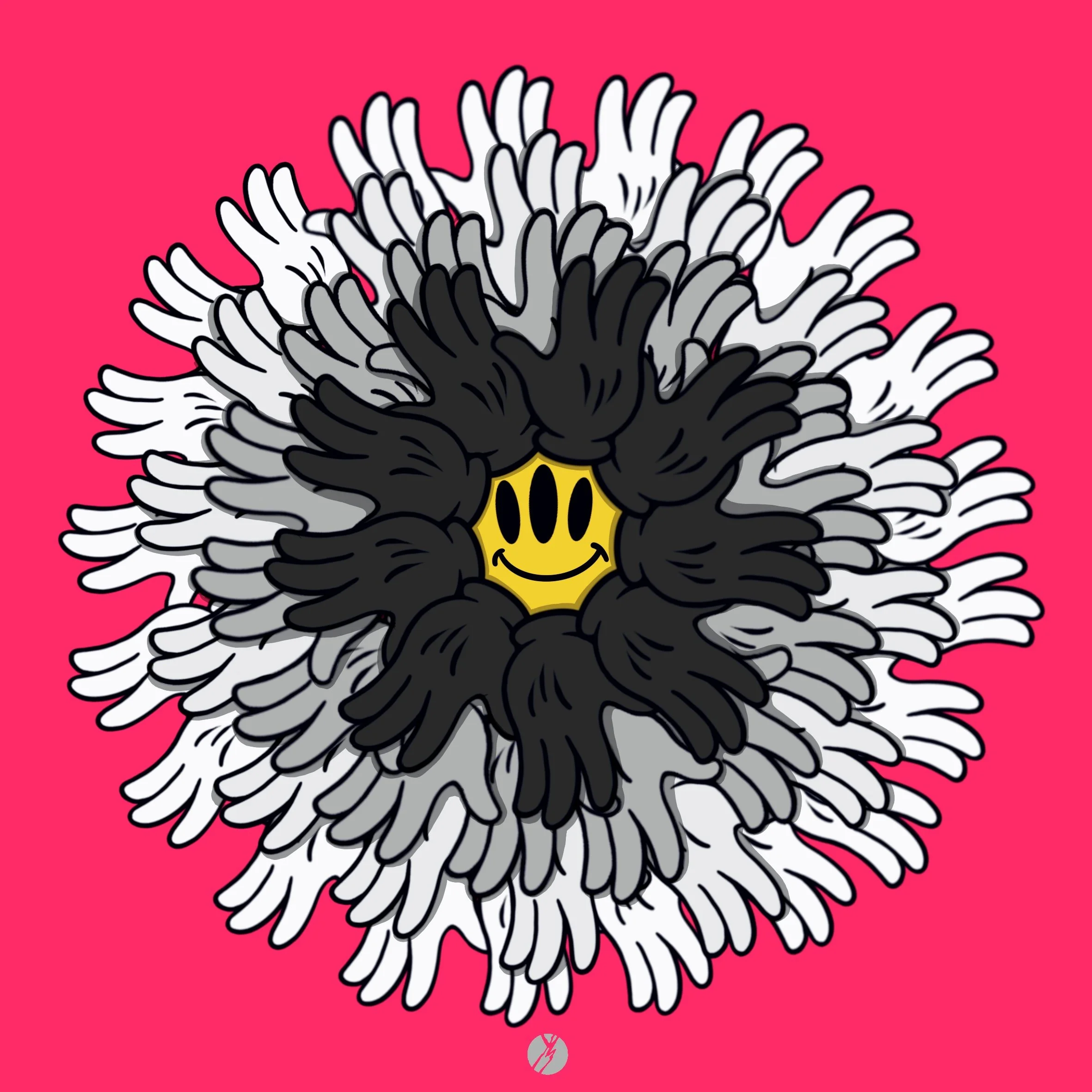 Colorful digital artwork featuring a central yellow smiley face surrounded by radially arranged black, gray, and white cartoonish hands on a pink background.