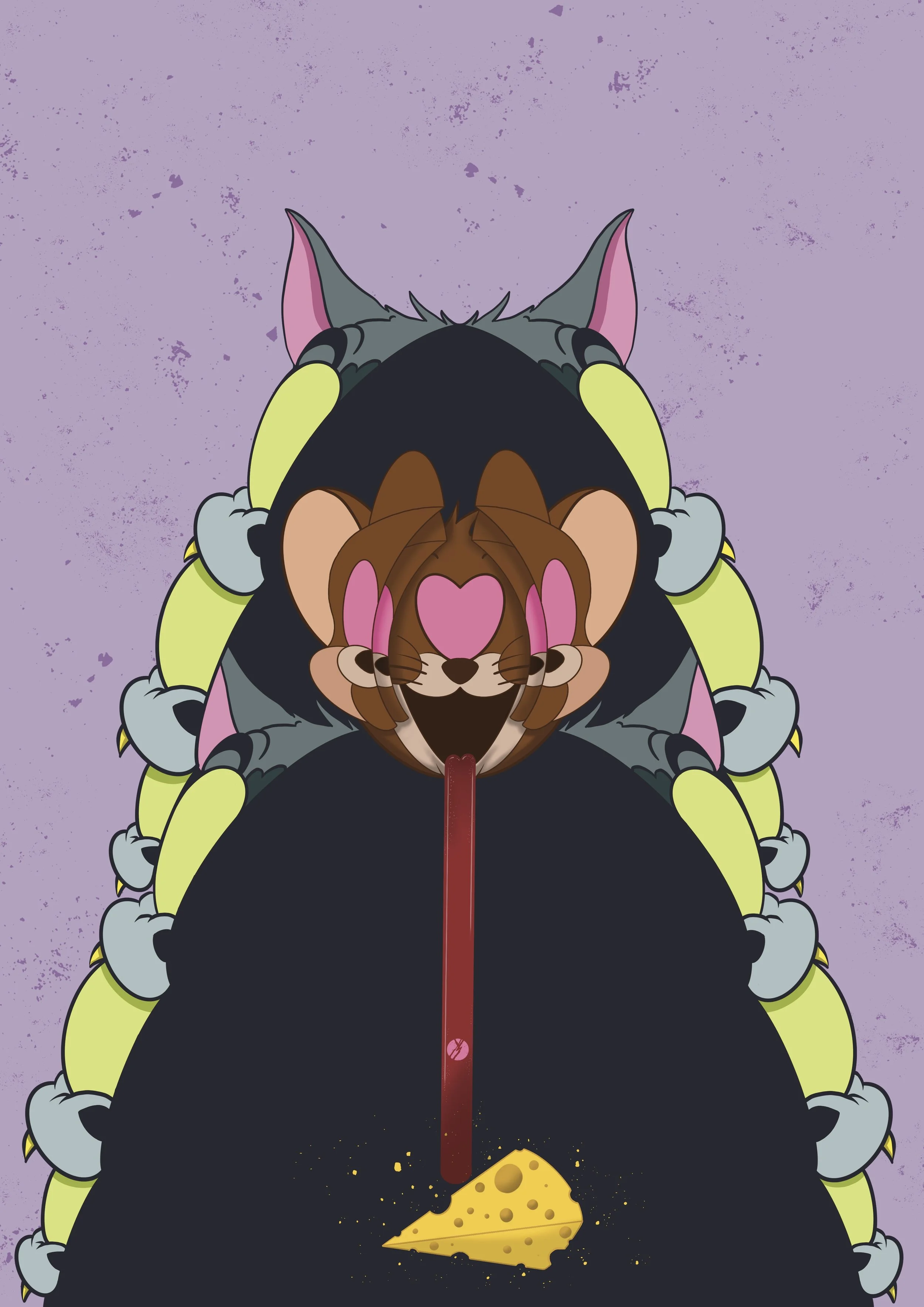 A stylized cartoon creature with a black body, gray limbs, pink ears, and a symmetrical face with pronounced cheeks, with a pink heart on the forehead, and a pink tongue sticking out, holding a piece of cheese with small holes, against a textured lilac background.