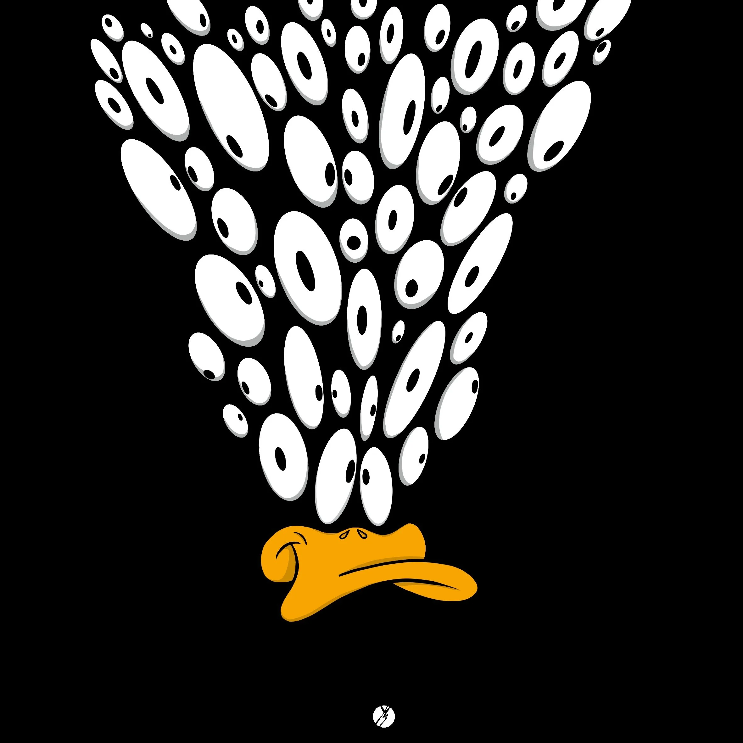 A cartoon illustration of a distressed duck with an orange beak, with numerous white oval shapes resembling eyeballs falling from above onto its head, set against a black background.