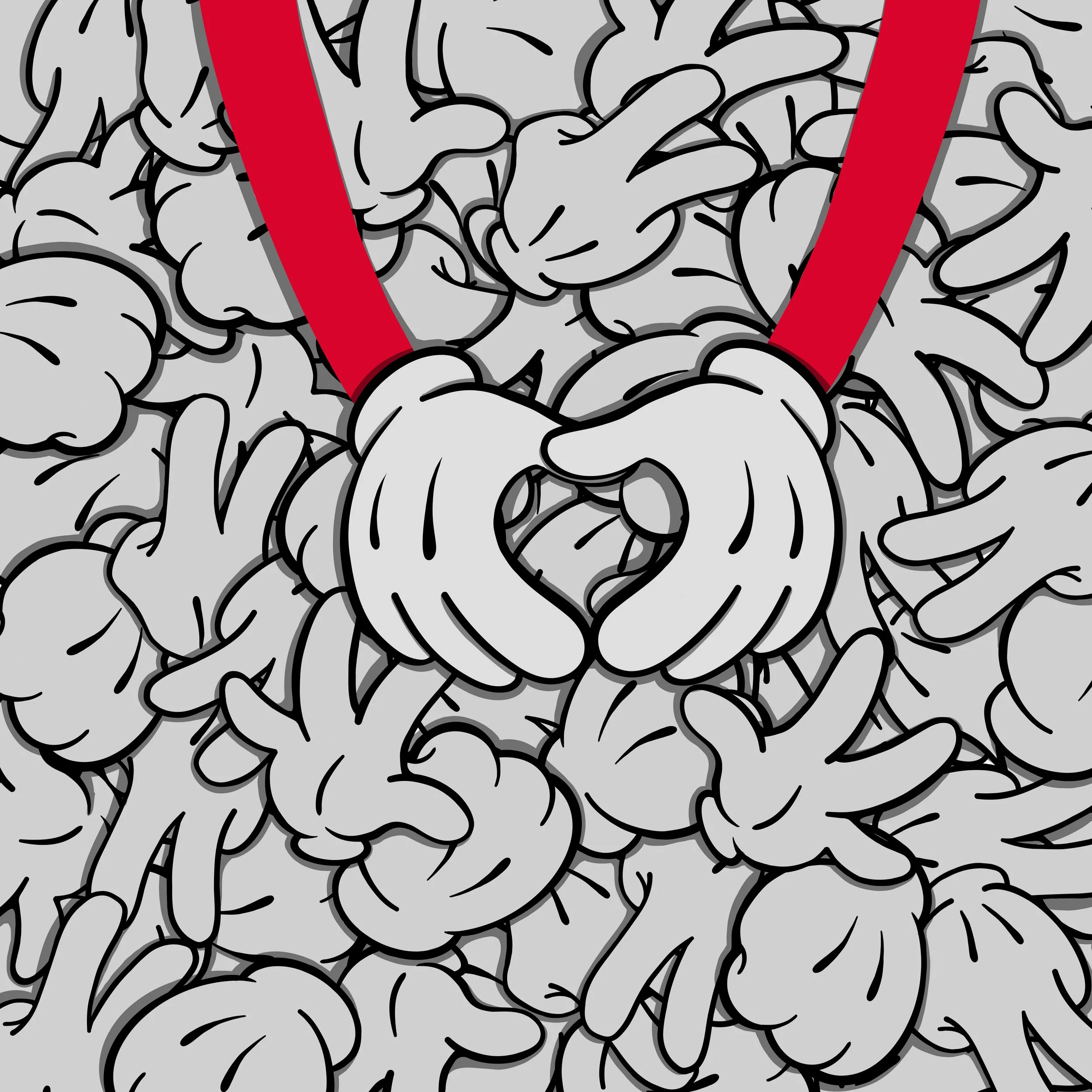 Numerous gray cartoon hands making a heart shape, some holding red straps.