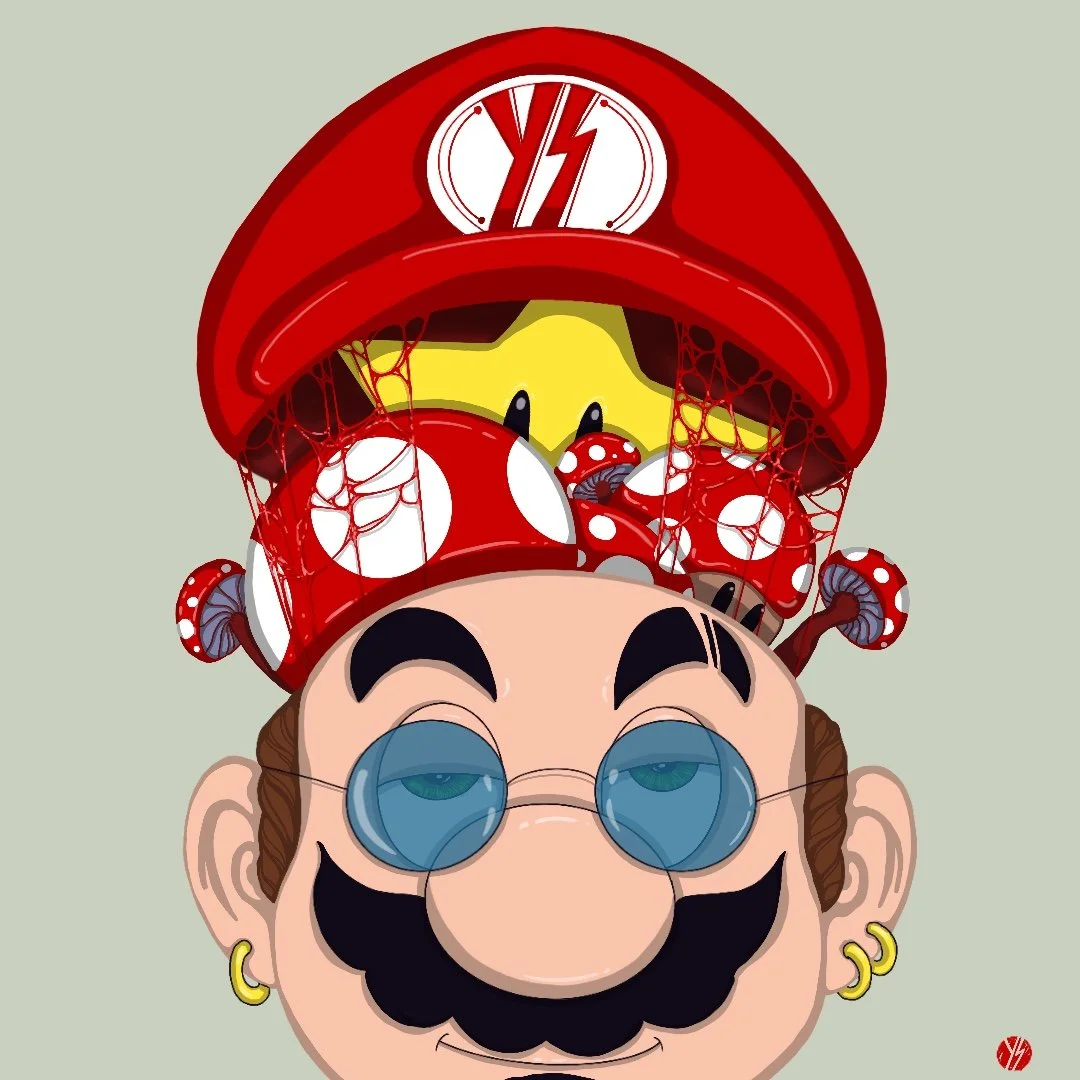 Upside-down cartoon image of a character with a moustache, sunglasses, earrings, and a cap with an 'Yoshi' logo, topped with Super Mario mushroom and yellow star, against a plain background.