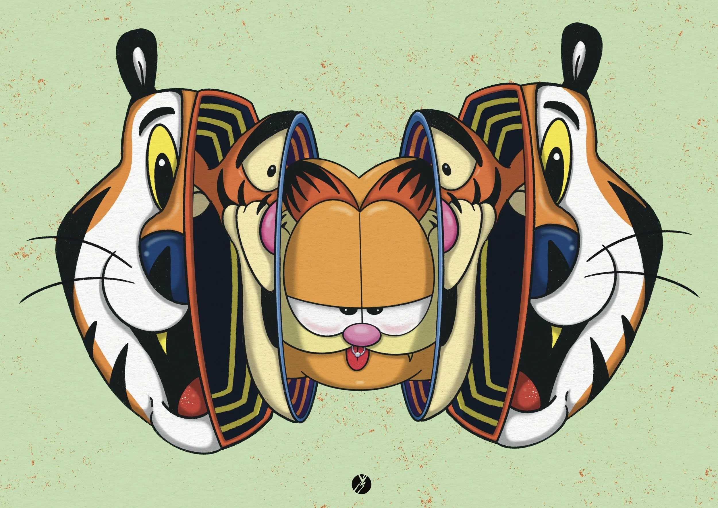 Colorful illustrated mirror with Garfield's face in the center and tiger faces reflected on its sides on a green background.