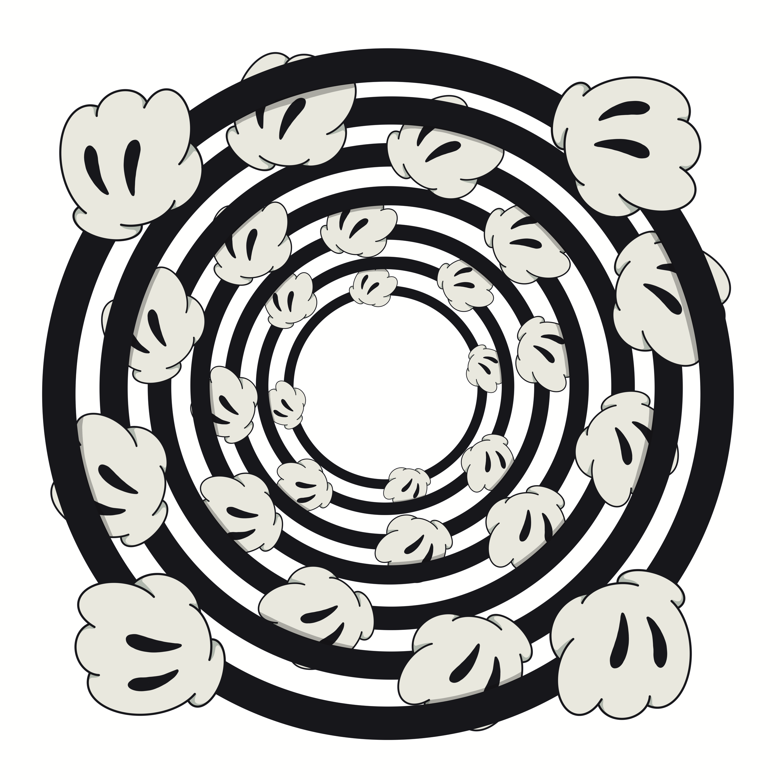 Black and white graphic of concentric circles with clouds filling the spaces between the circles.