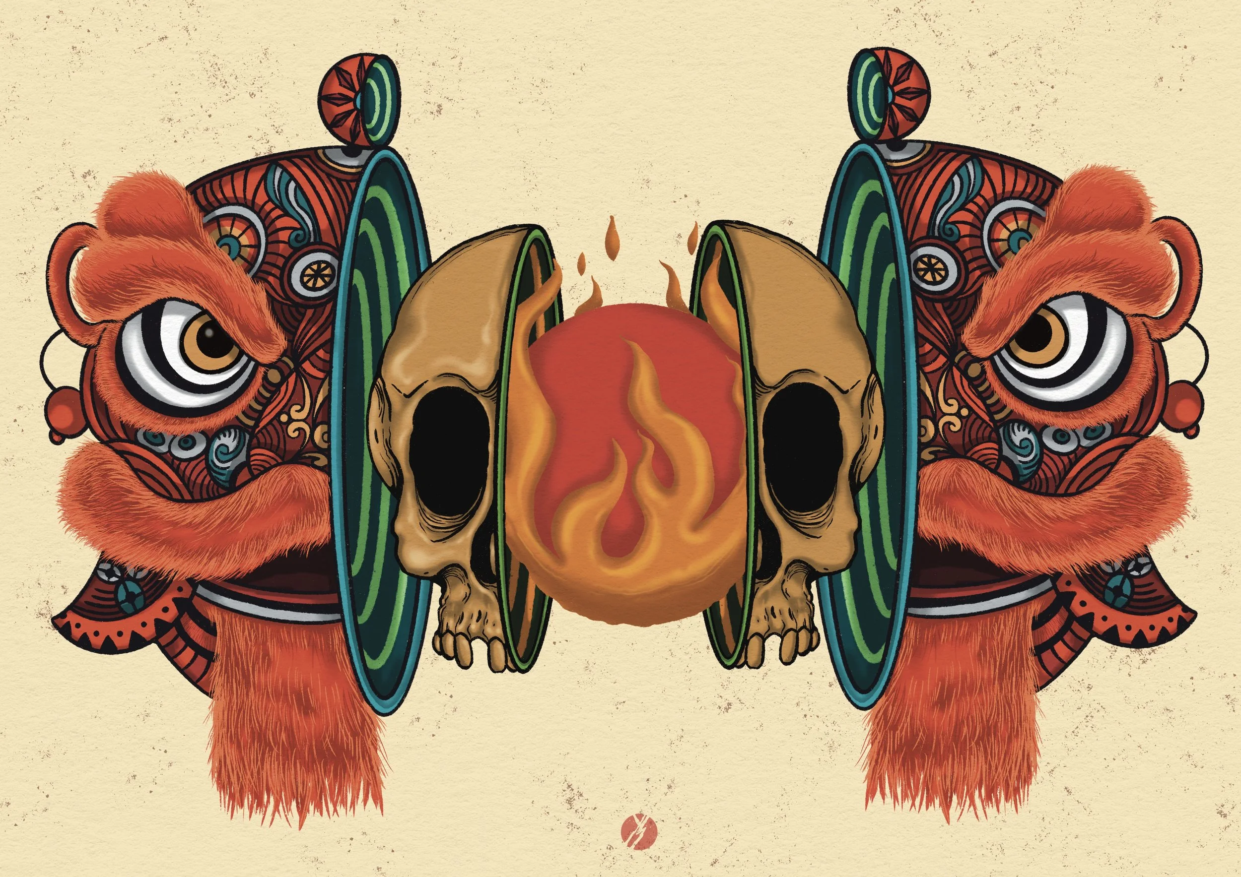 Symmetrical digital artwork featuring stylized lion masks with ornate designs, skulls, and flaming orb at the center, set against a textured beige background.