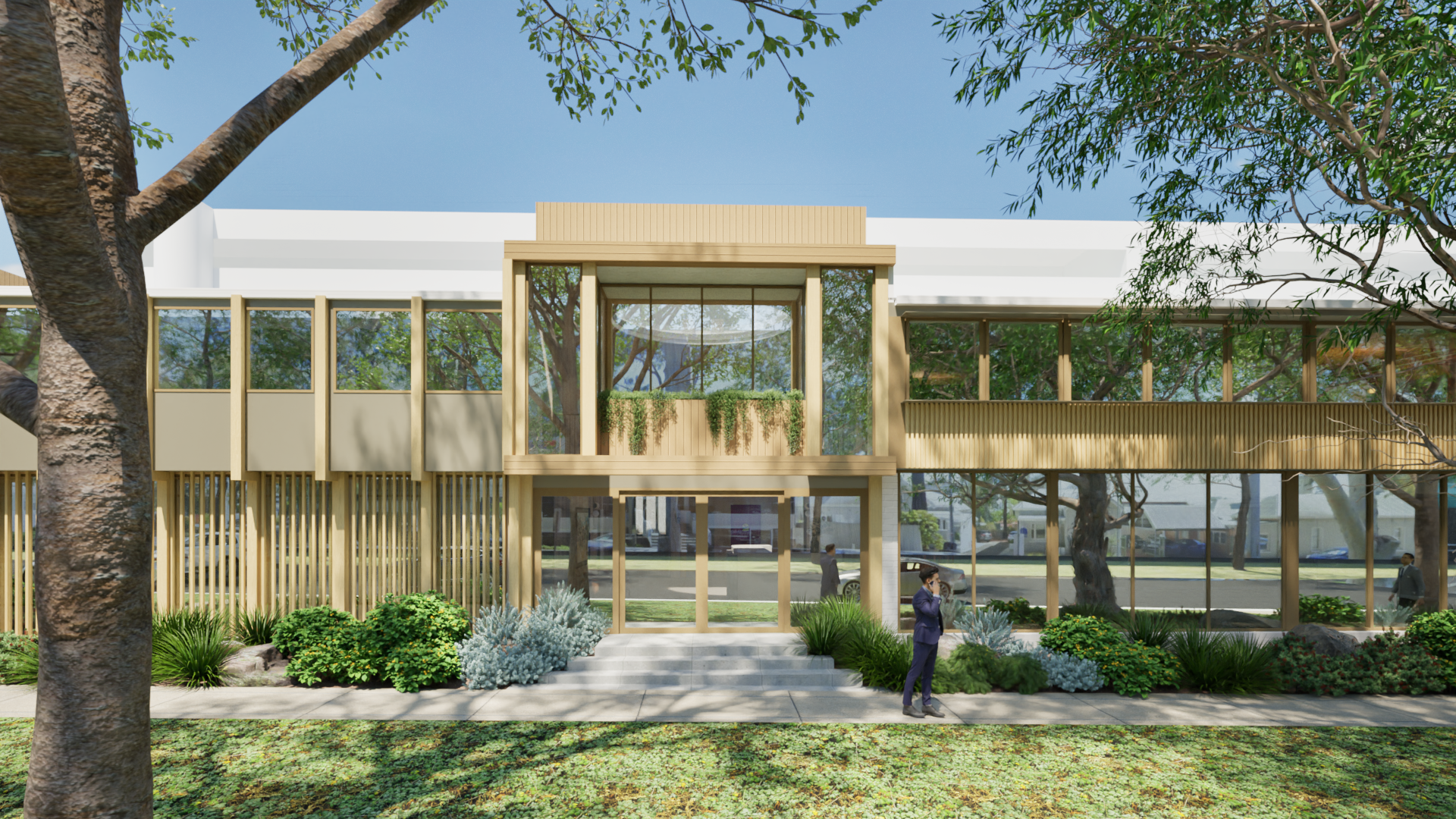 Rendering of a modern two-story office building with large glass windows, surrounded by landscaped plants and trees, with a clear blue sky in the background.